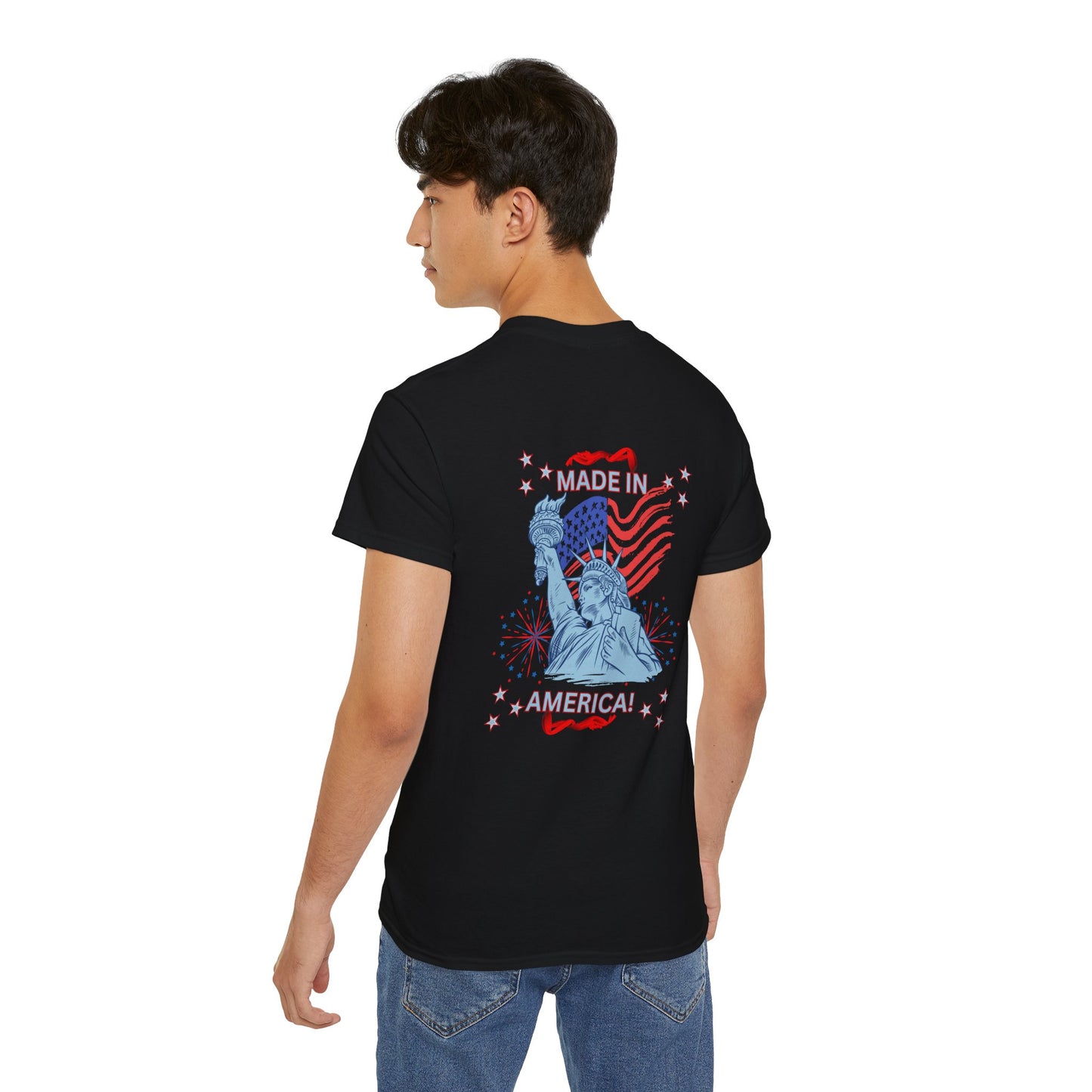Statue of Liberty Patriotic T-Shirt — "Made In America -Happy Anniversary 1776-2026"  Front & Back Design