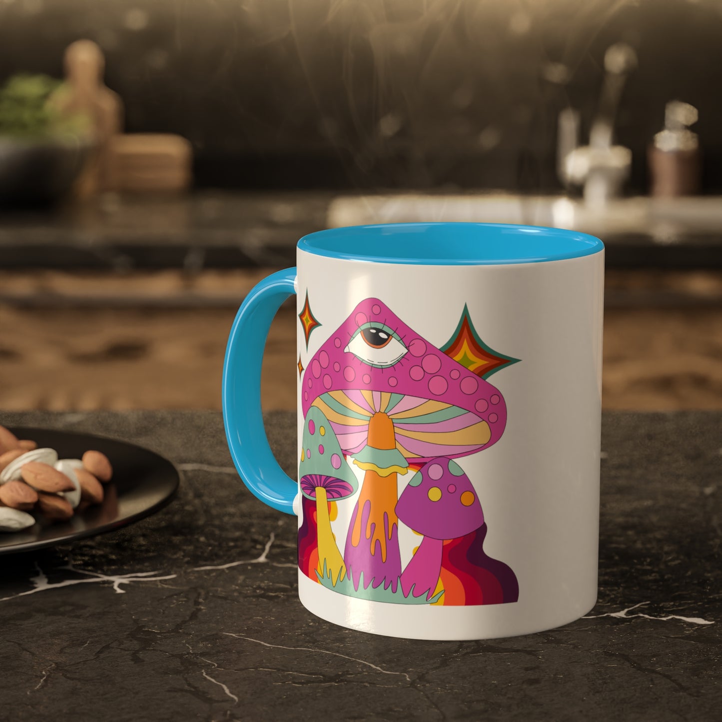 "Groovy Mushrooms" 11 oz White Mug with Colorful Accents
