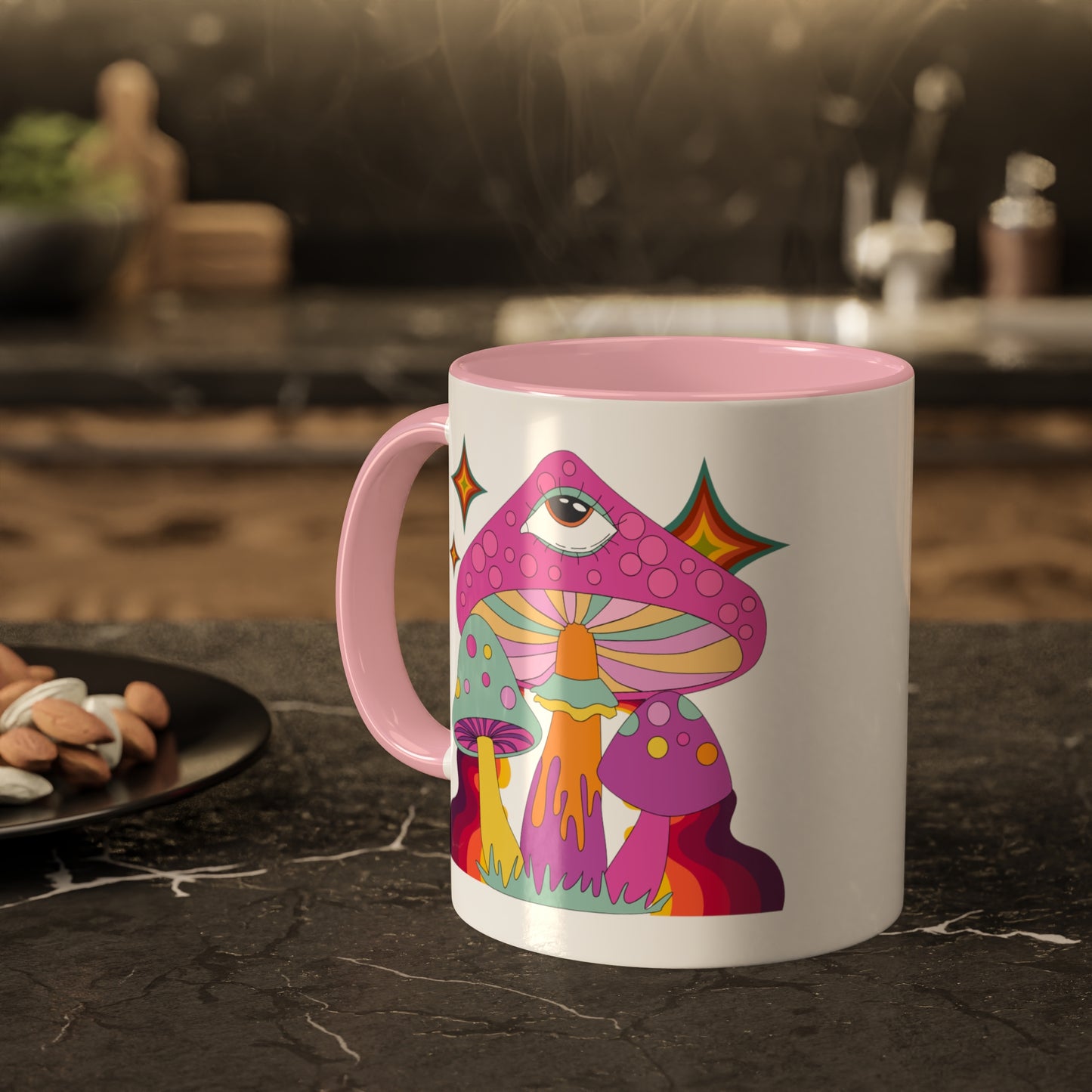 "Groovy Mushrooms" 11 oz White Mug with Colorful Accents