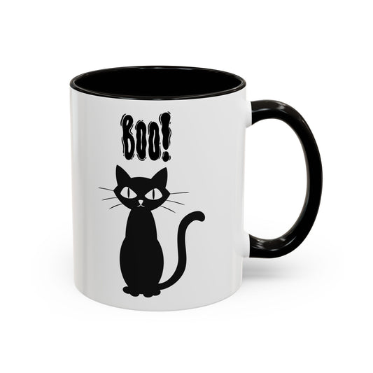 ''Boo" Black Kitty, White Ceramic Mugs With Colorful Accents (11oz and 15oz)
