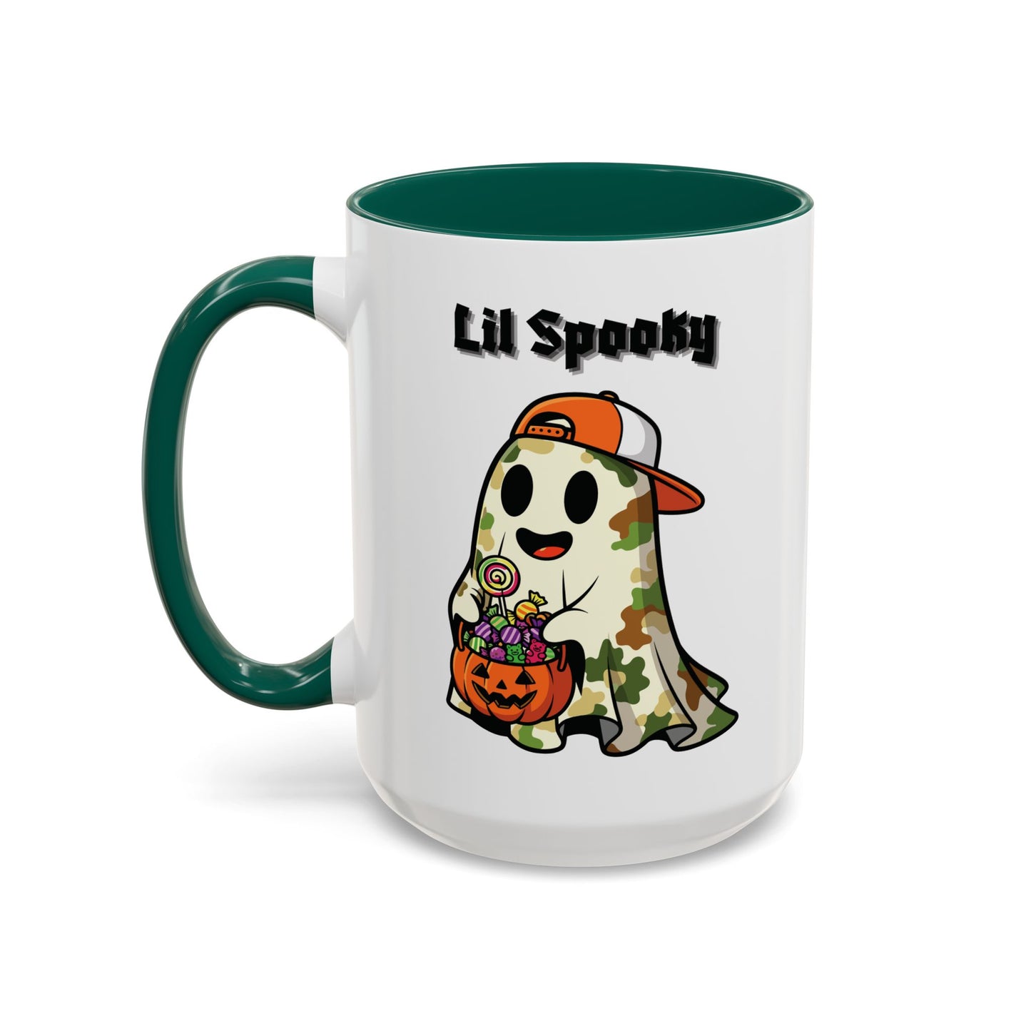 "Lil Spooky"  White Ceramic Halloween Mug With Colorful Accents — Cute Ghost Trick-or-Treat Ceramic Mug (11oz/15oz)