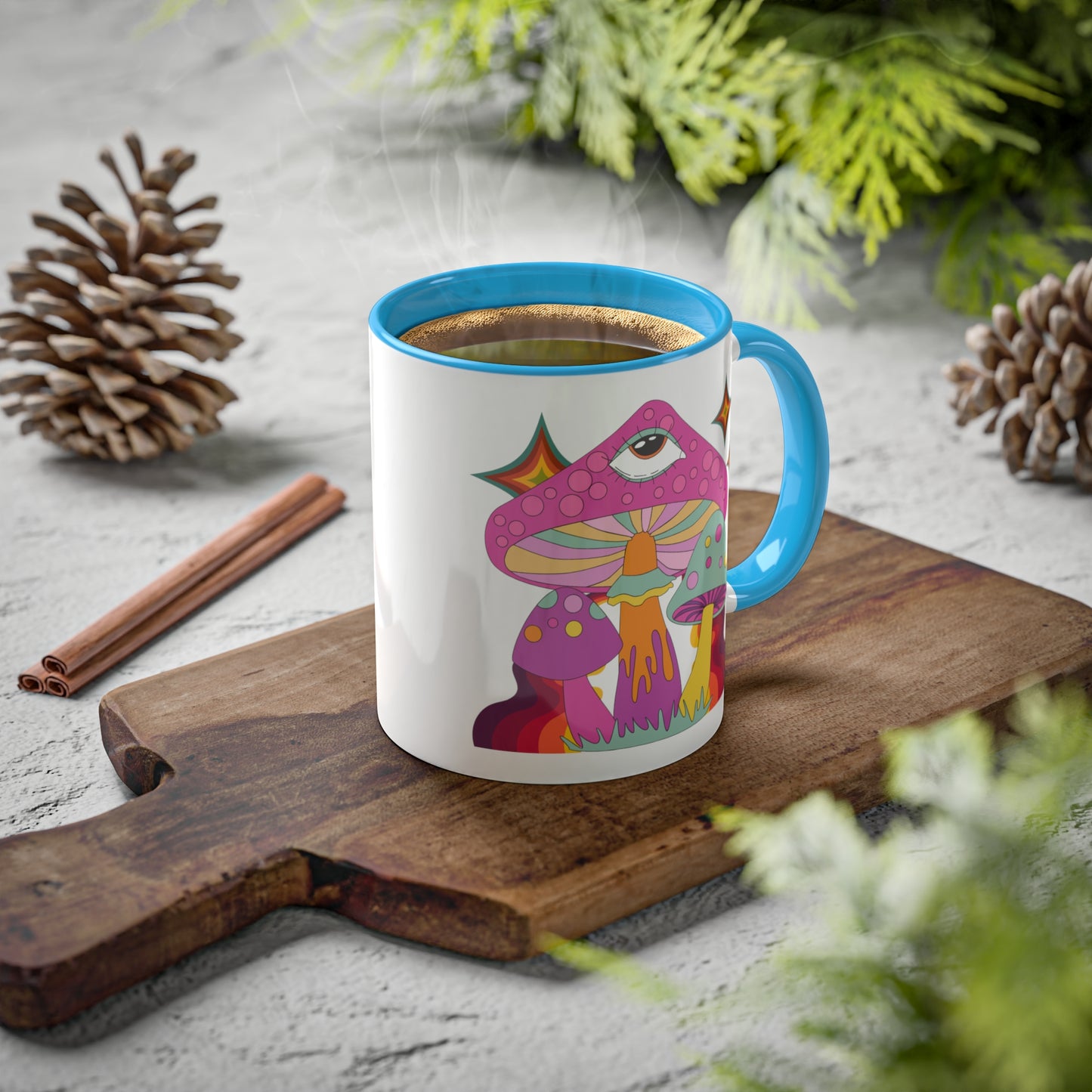 "Groovy Mushrooms" 11 oz White Mug with Colorful Accents