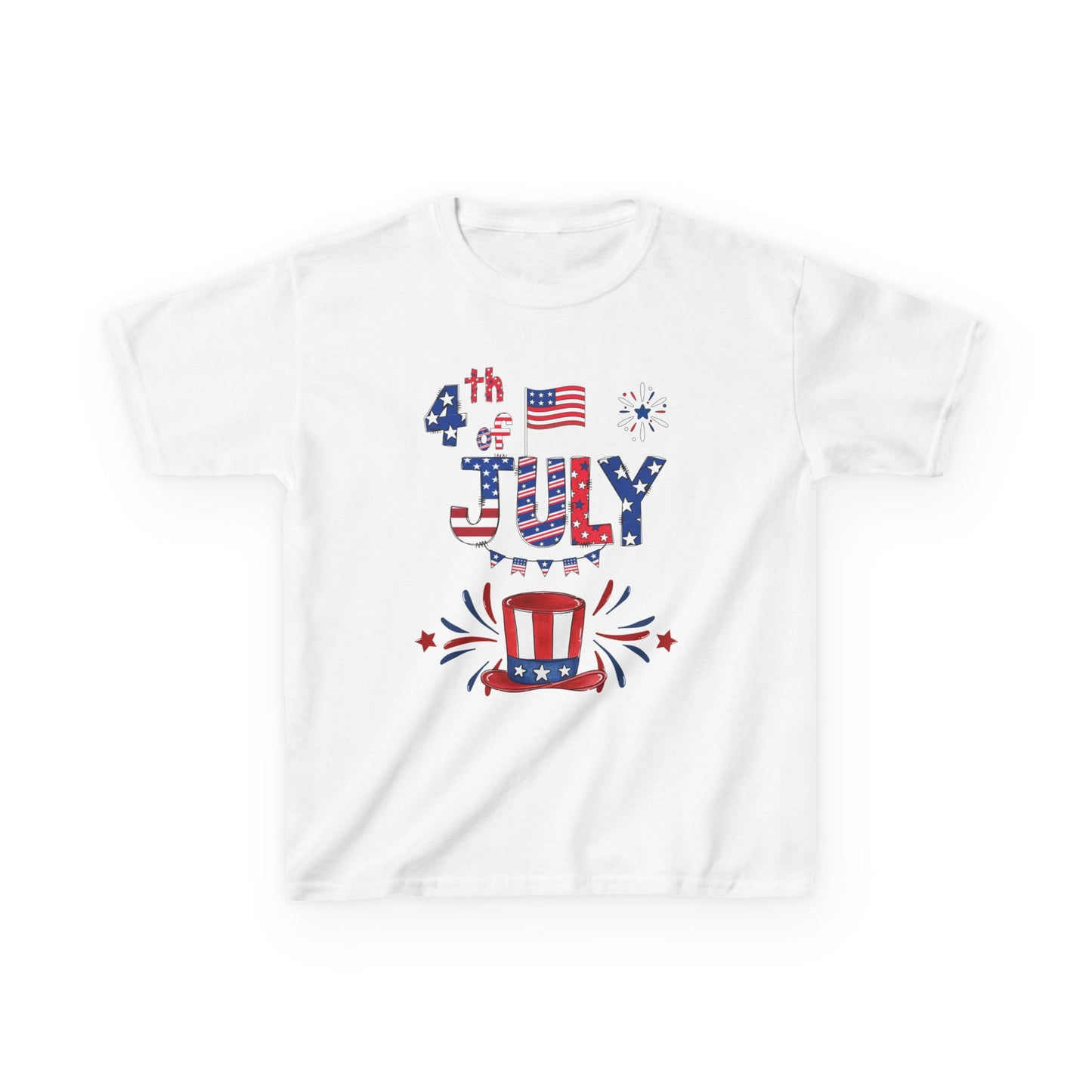 Kids "4th of July" Patriotic Boxy Tee — Celebrate This Special Day With Fireworks & A Vibrant Uncle Sam Hat!