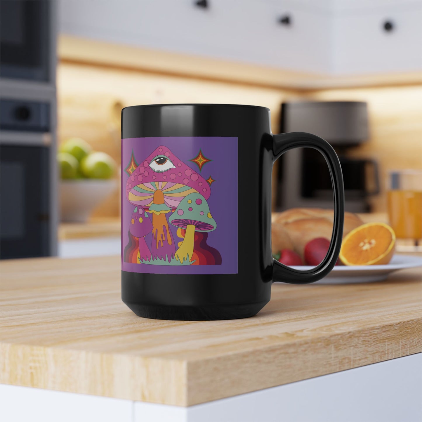 "Groovy Ombre Mushroom" Mug,  Black Ceramic Coffee Mugs In 15oz & 11oz