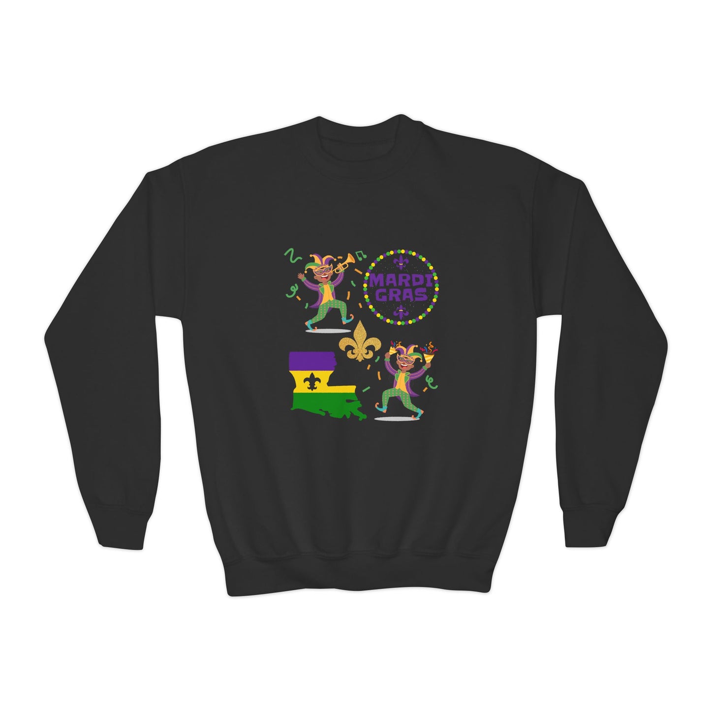 "Mardi Gras Kids" Youth Crewneck Sweatshirt — Colorful Beads, Jester Costumes & The State Of Louisiana all in Classic Mardi Gras Colors - Ready For The Parades!