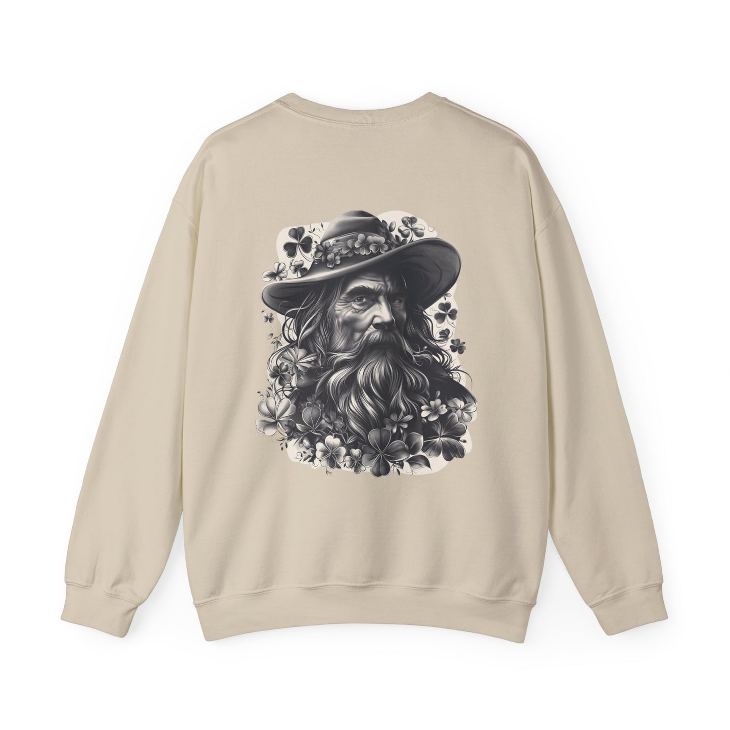 "Irish Blessing(Front)-Shamrock Wiseman(Back)", Unisex Crewneck Sweatshirt— Irish Luck Quote & Rustic Irish Wiseman Surrounded By Clover