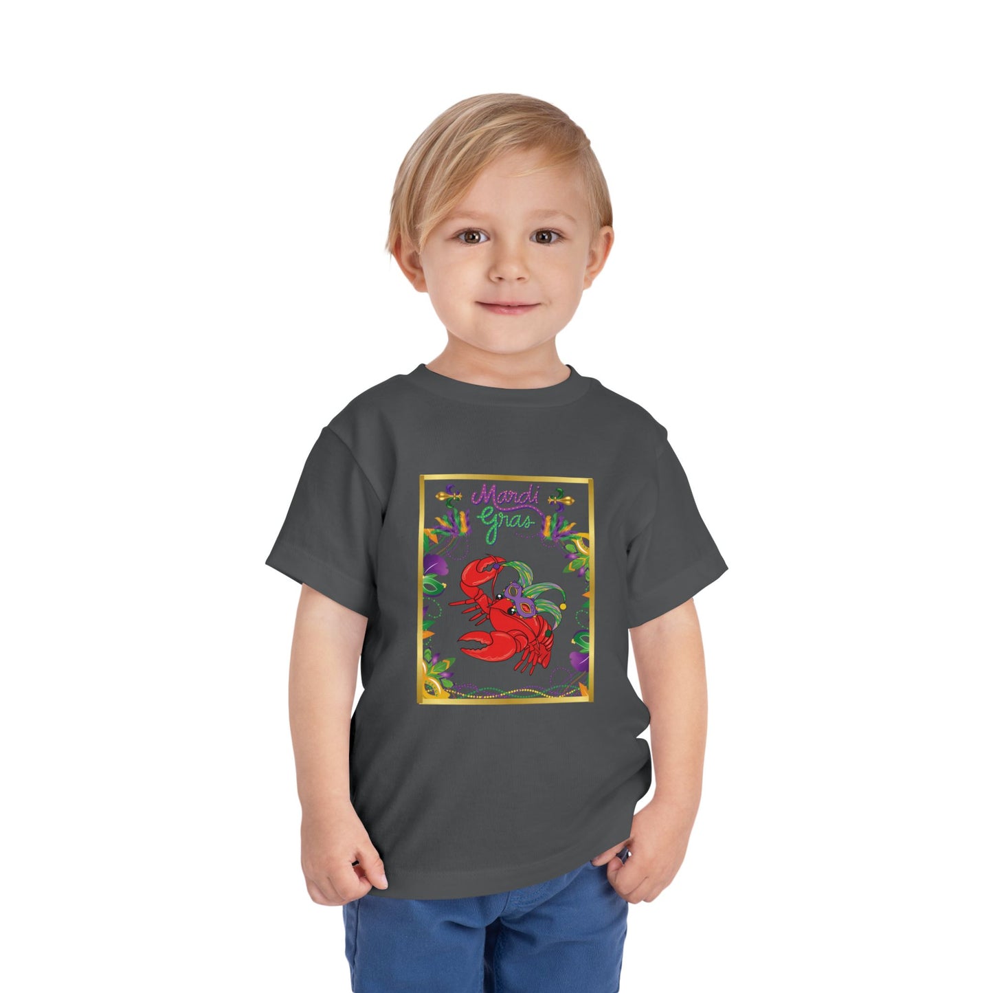 "Mardi Gras Crawfish" Toddler Short Sleeve Tee — Festive Masked Bright Red Crawfish Ready for Carnival!
