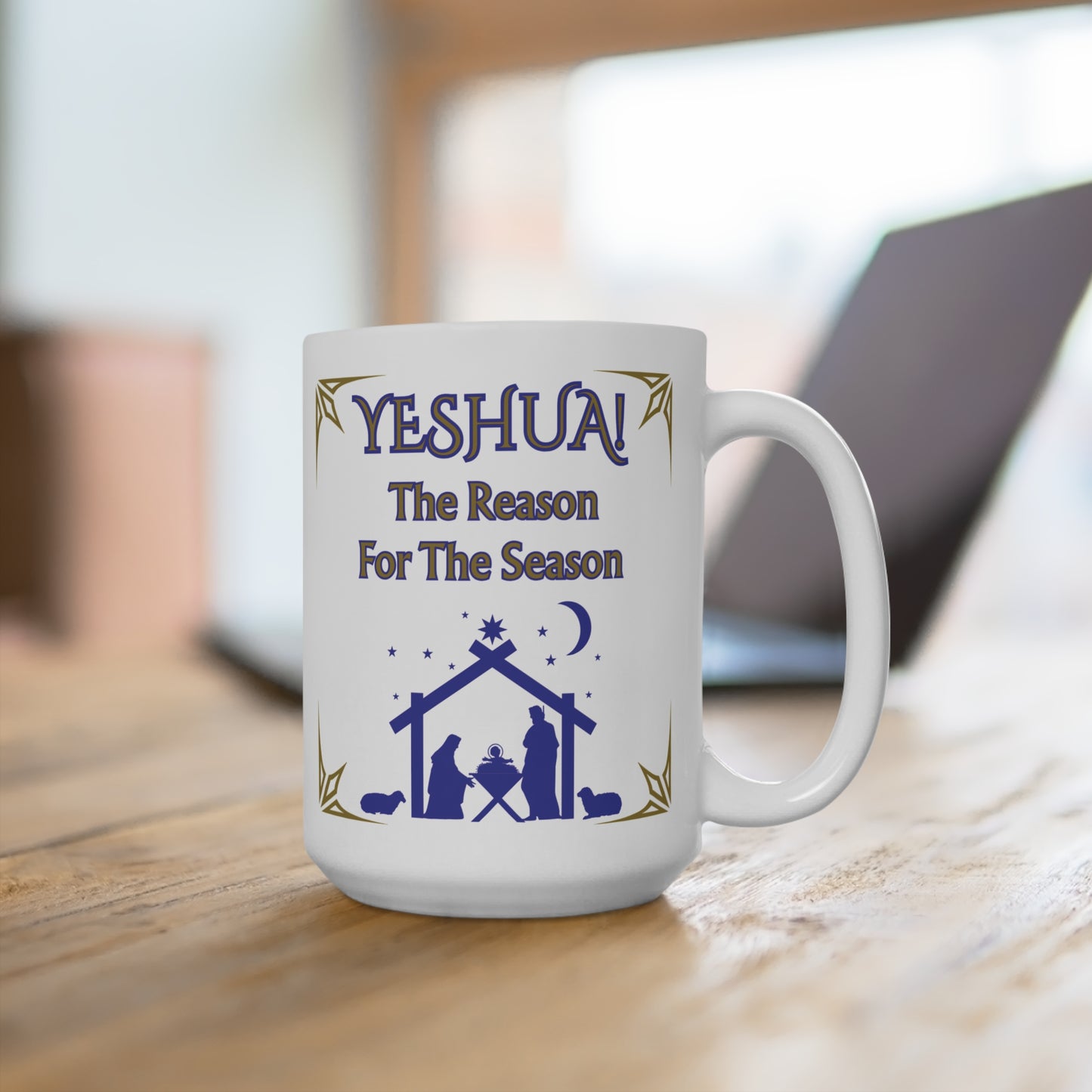 "Yeshua! The Reason For The Season",  15oz  White Ceramic Nativity Christmas Mug