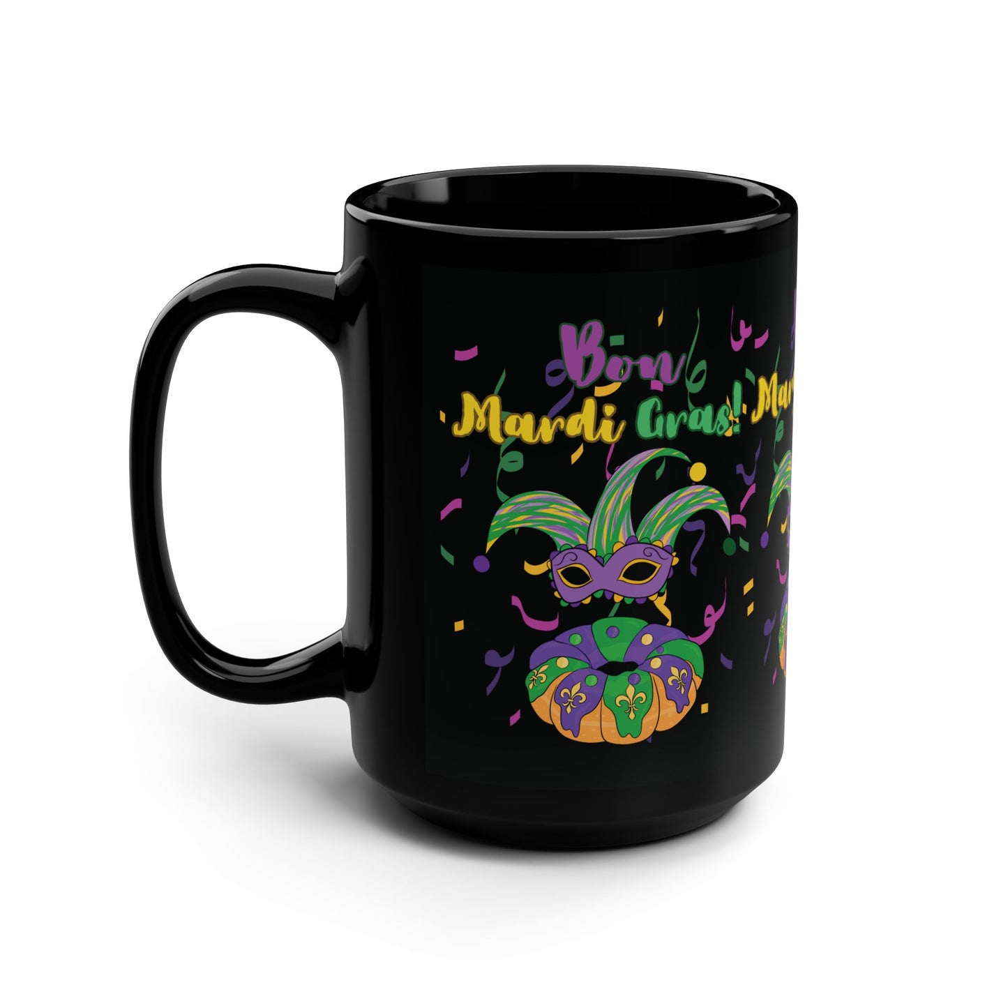 "Bon Mardi Gras" 15oz  Black Ceramic Mug, Featuring A Festive Carnival Mask & King Cake!