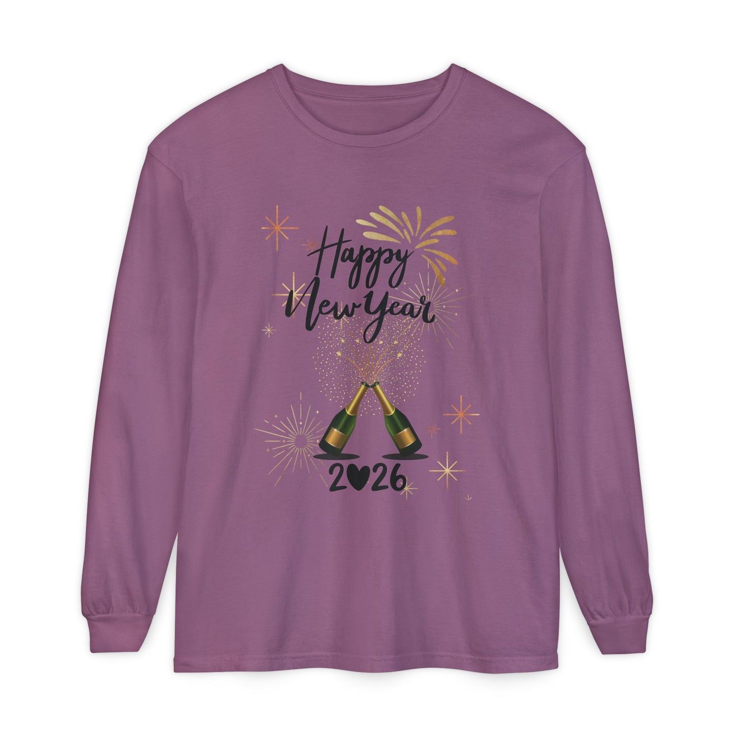 "Happy New Year 2026-Champagne Toast", Unisex Long Sleeve T‑Shirt.  A "Grown Up" Classy Yet Fun, Long Sleeve Tee.  Dress It Up or Dress It Down For Celebrating The New Year!