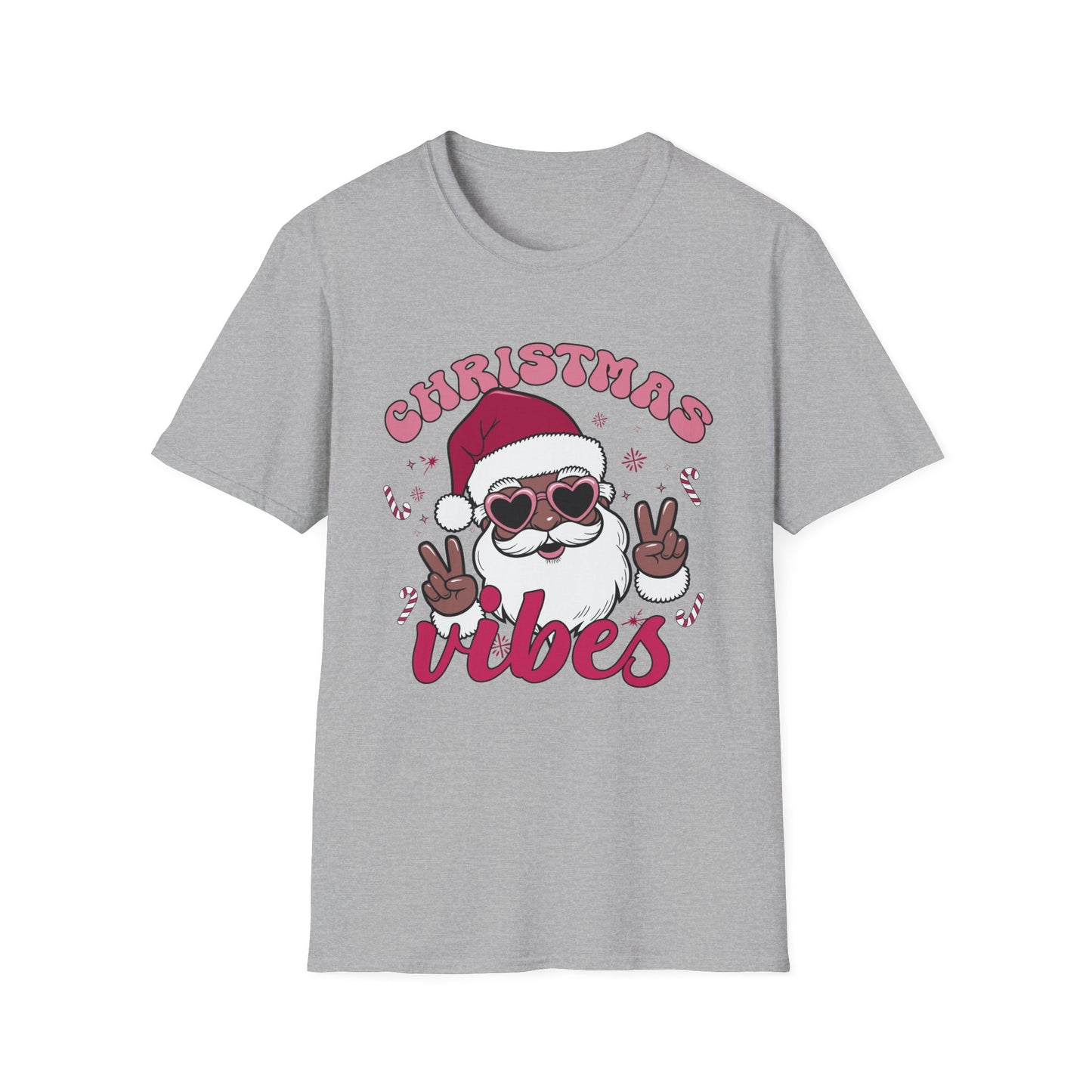 "Christmas Vibes" Unisex T-Shirt — Retro Santa Sporting Cool Sunglasses And A Peace Sign. What a Groovy Holiday Tee!