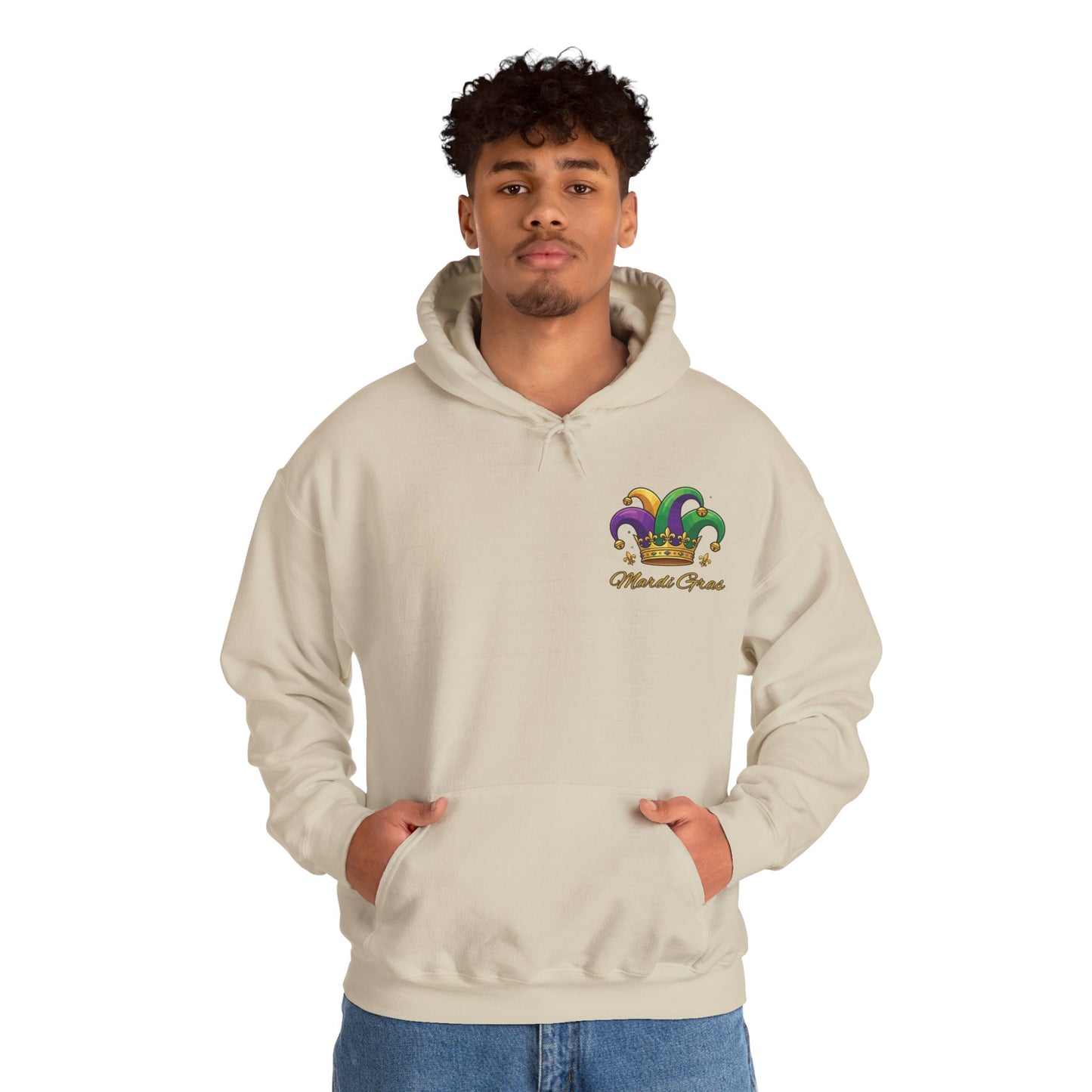 "Mardi Gras Jester Crown" Unisex Pullover Hoodie.  Festive Colorful Front Chest & Bold Back Designs Make This THE Hoodie Of Carnival Season!