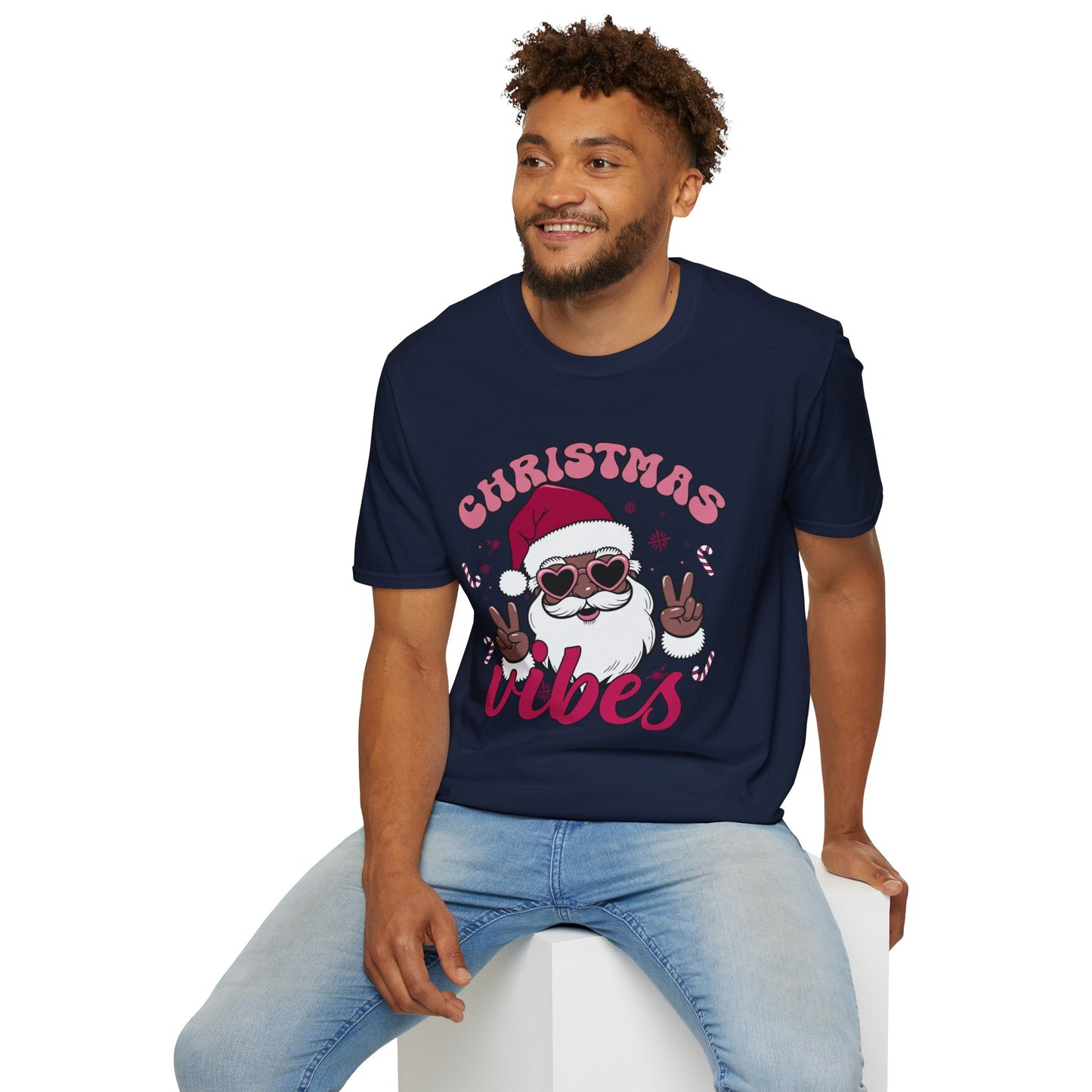 "Christmas Vibes" Unisex T-Shirt — Retro Santa Sporting Cool Sunglasses And A Peace Sign. What a Groovy Holiday Tee!