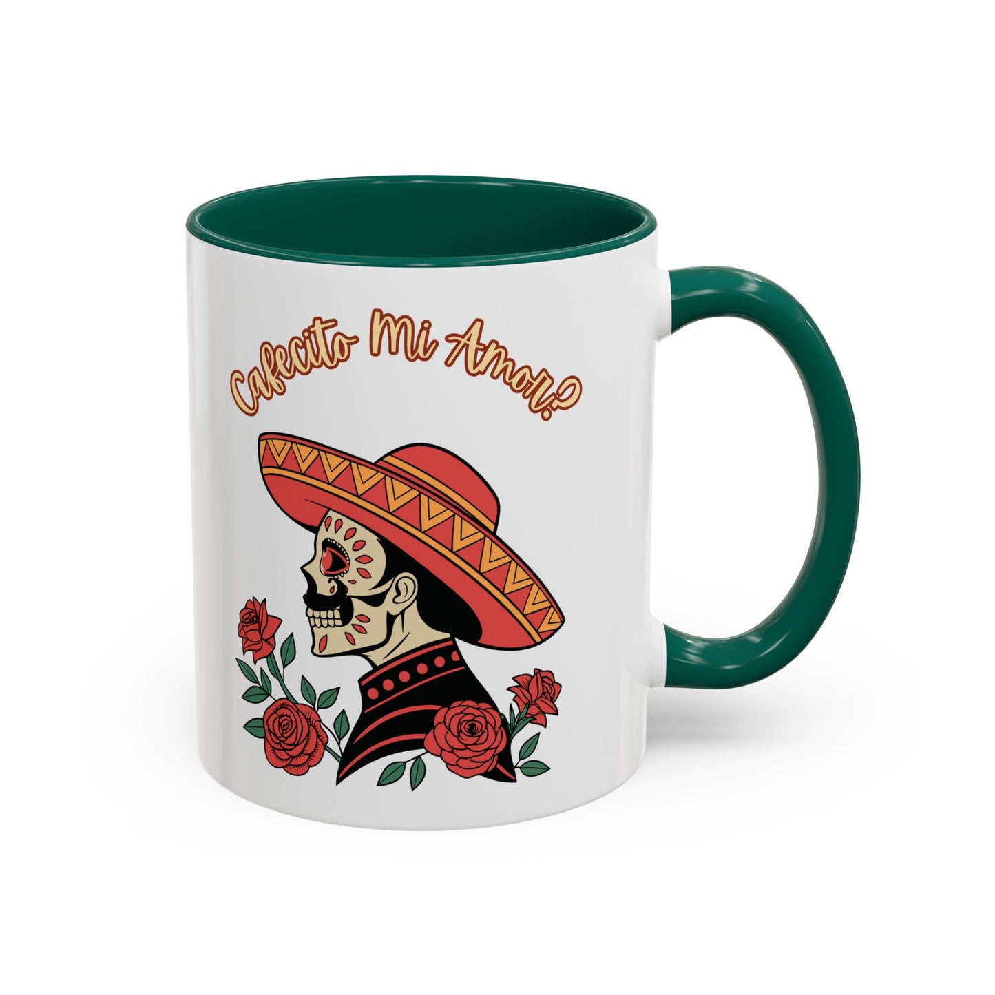 "Cafecito Mi Amor?" -El Hombre, Sugar Skull Style, White Ceramic Mugs with Colorful Accents (11oz/15oz)