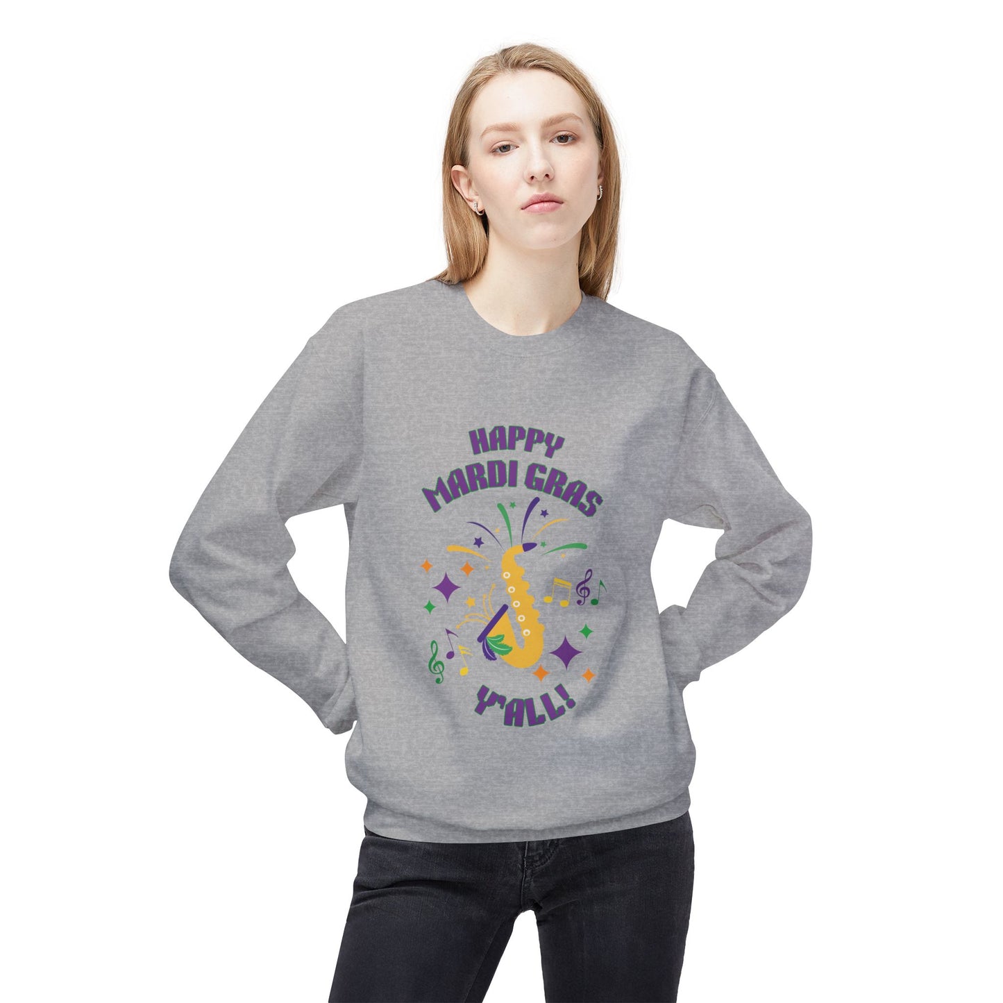 "Happy Mardi Gras Y'all"  Midweight Crewneck Sweatshirt.  Let This Colorful Unisex Sweatshirt Help You Revel In Style!