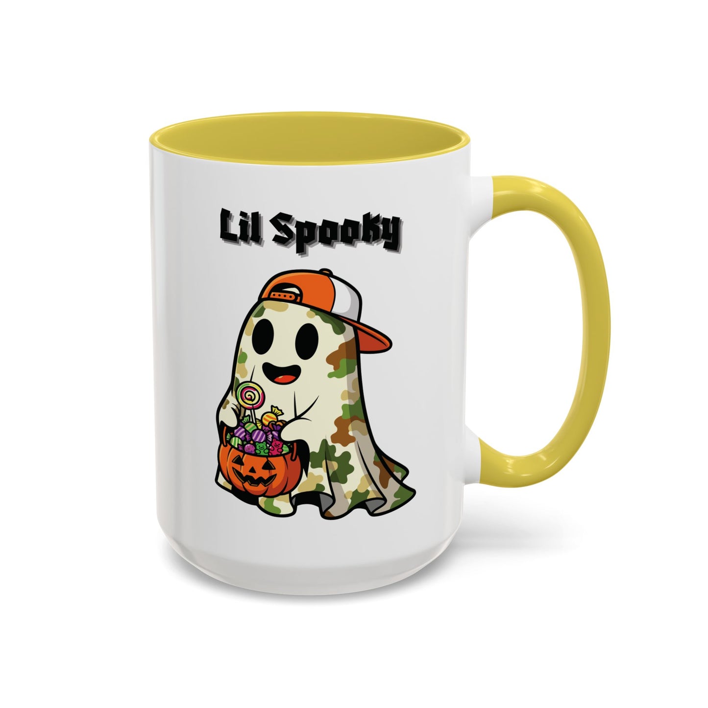 "Lil Spooky"  White Ceramic Halloween Mug With Colorful Accents — Cute Ghost Trick-or-Treat Ceramic Mug (11oz/15oz)