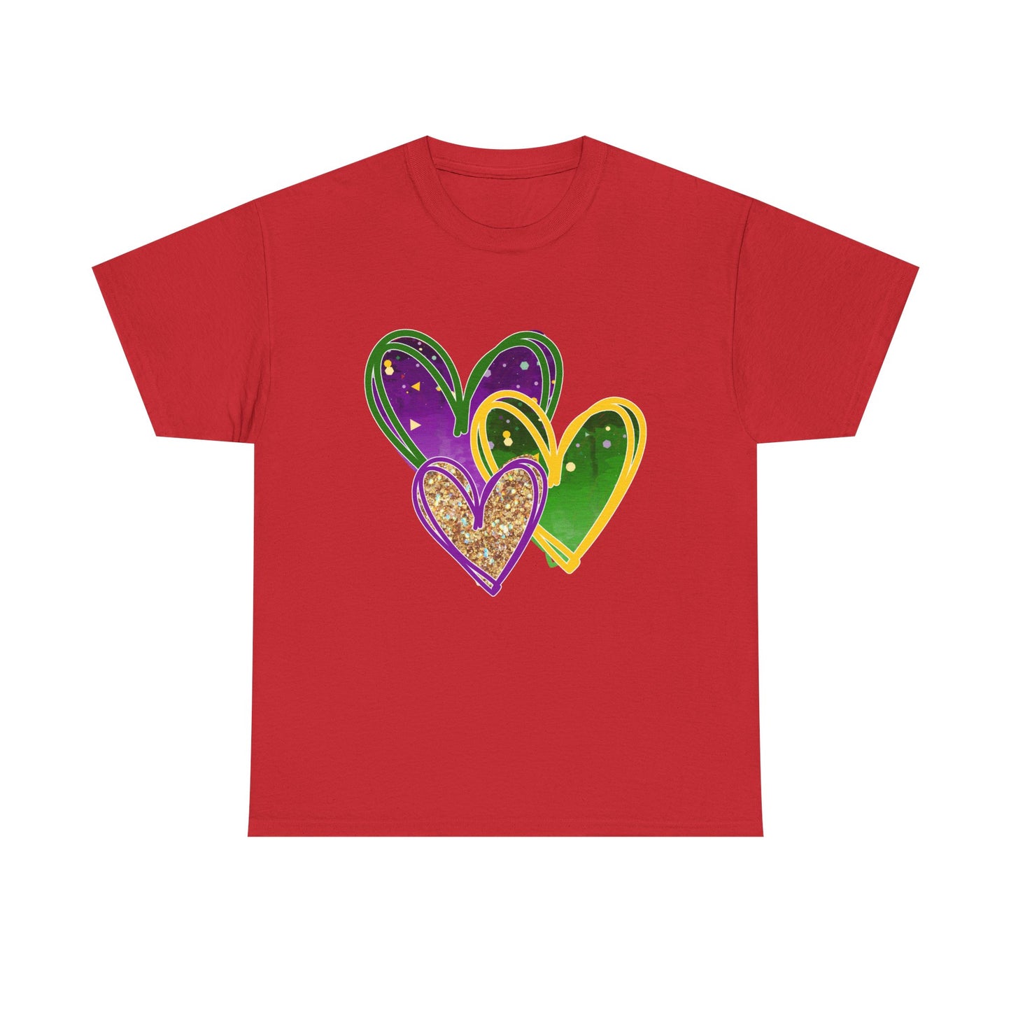 "Mardi Gras Hearts"  Unisex Adult Cotton Tee — Purple, Gold & Green Carnival Shirt.  It's Time To Party!