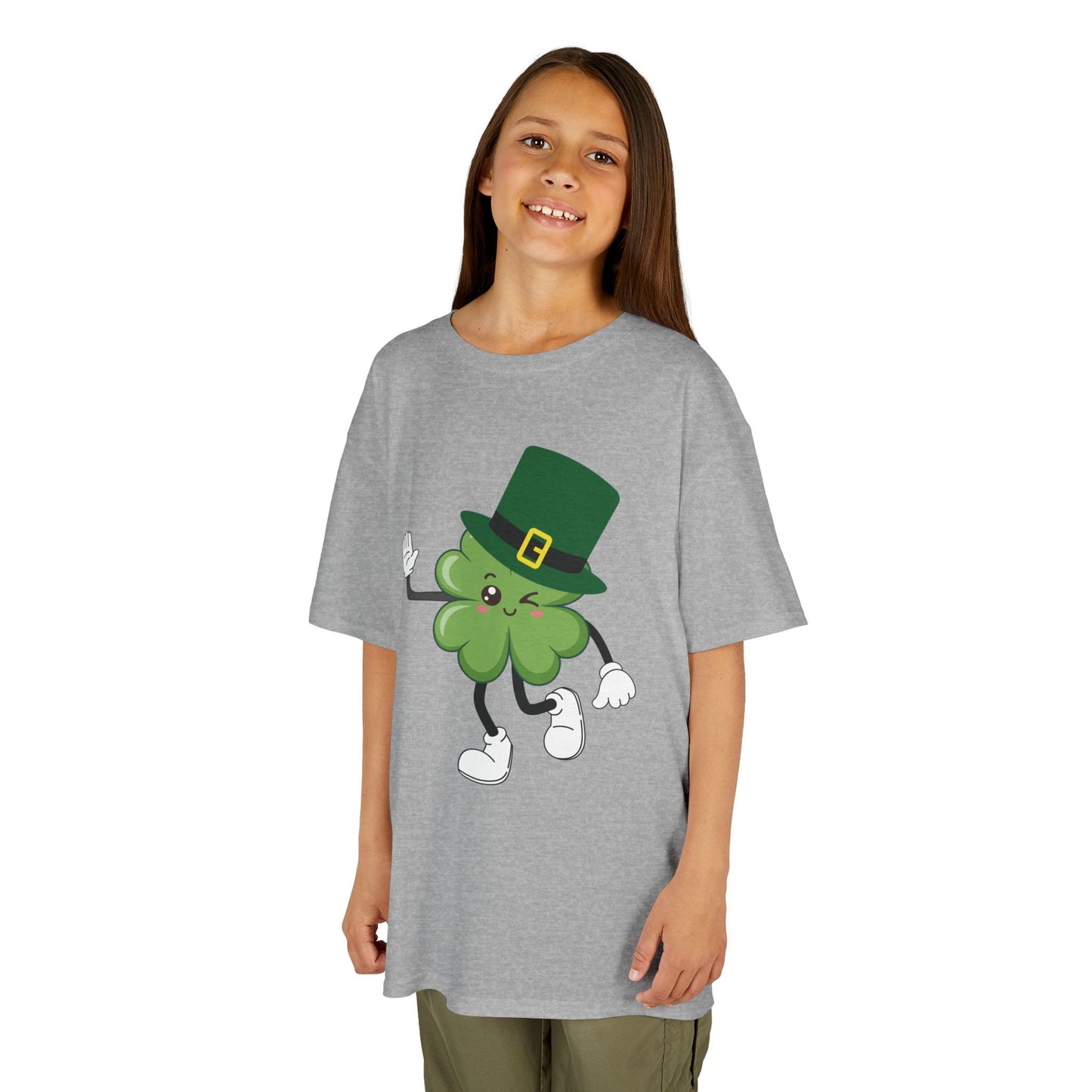 "Dancing Shamrock with Leprechaun Hat".  Kids Heavy Cotton T-Shirt. Patrick’s Day Tee