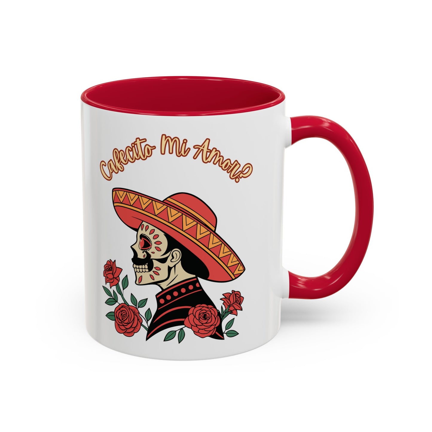 "Cafecito Mi Amor?" -El Hombre, Sugar Skull Style, White Ceramic Mugs with Colorful Accents (11oz/15oz)