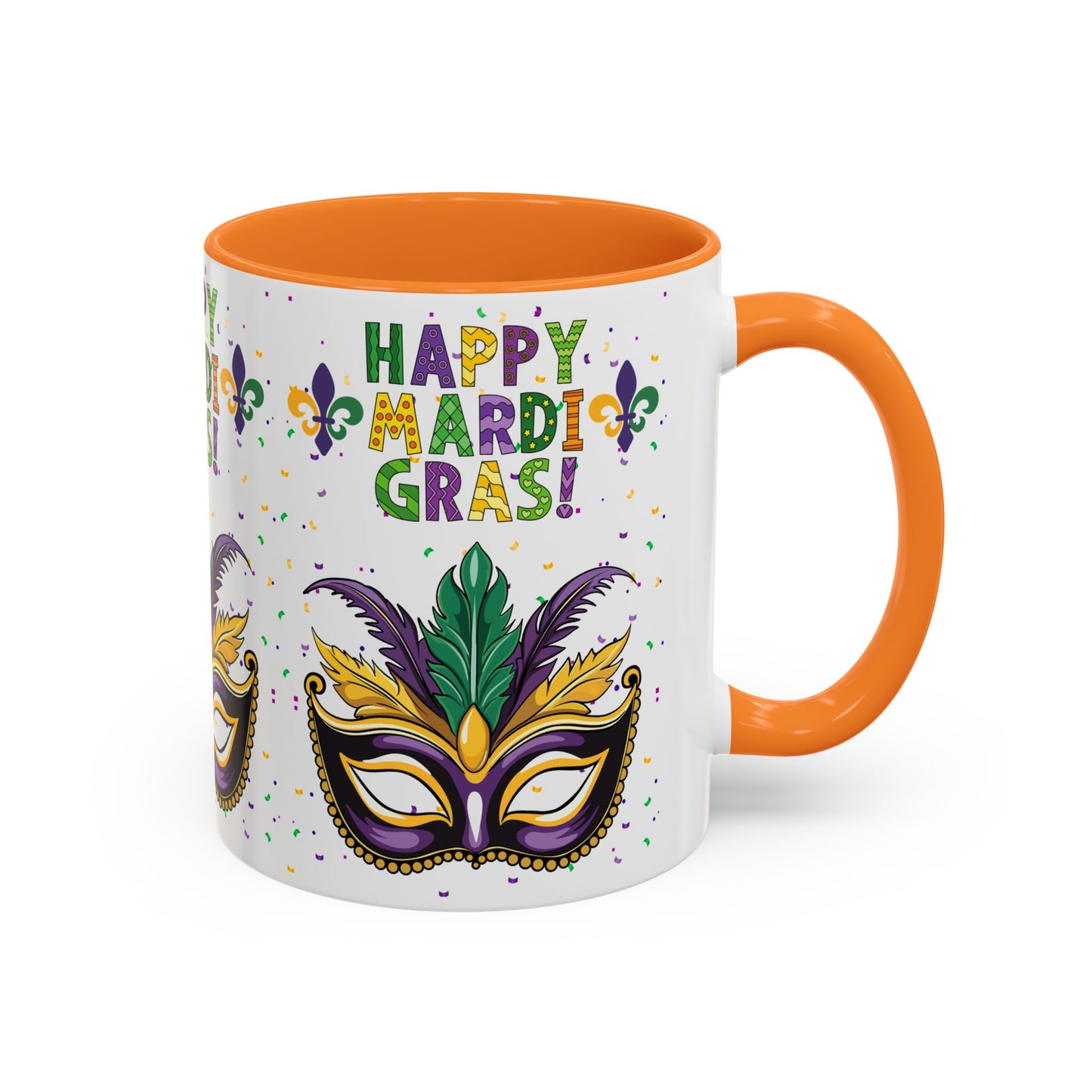 "Happy Mardi Gras Mask" White Ceramic 11oz Mugs With Colorful Accents.  Enjoy The Carnival Season Every time You Use This Mug.