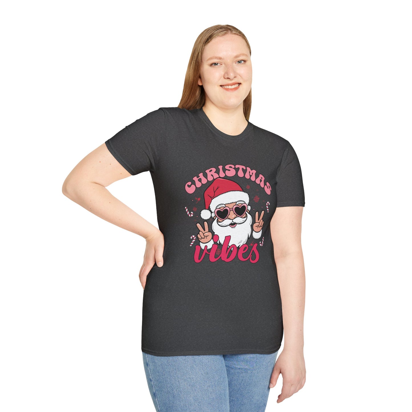 "Christmas Vibes"  Smiling Santa Holiday Unisex T-Shirt.  Cool(Tan)Santa Wearing His Shades And Sharing A "Peace Sign".
