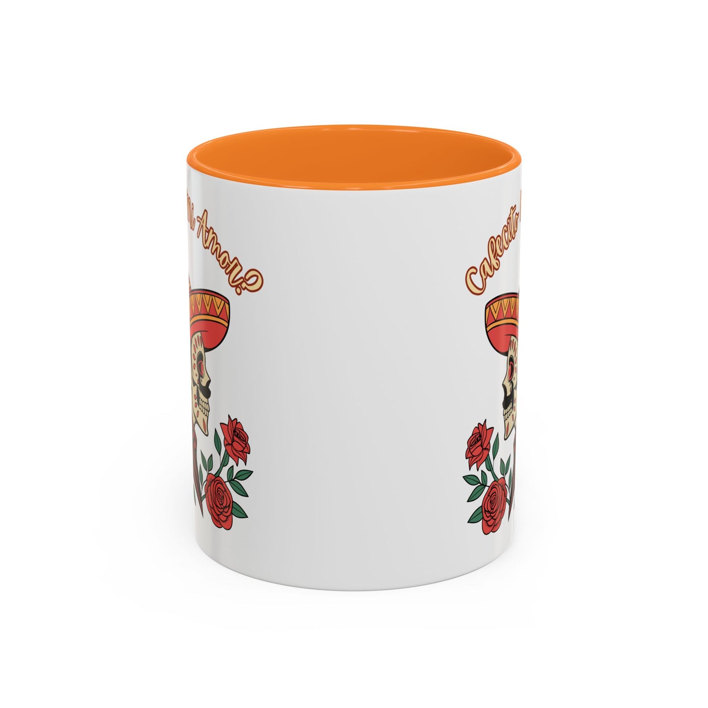 "Cafecito Mi Amor?" -El Hombre, Sugar Skull Style, White Ceramic Mugs with Colorful Accents (11oz/15oz)