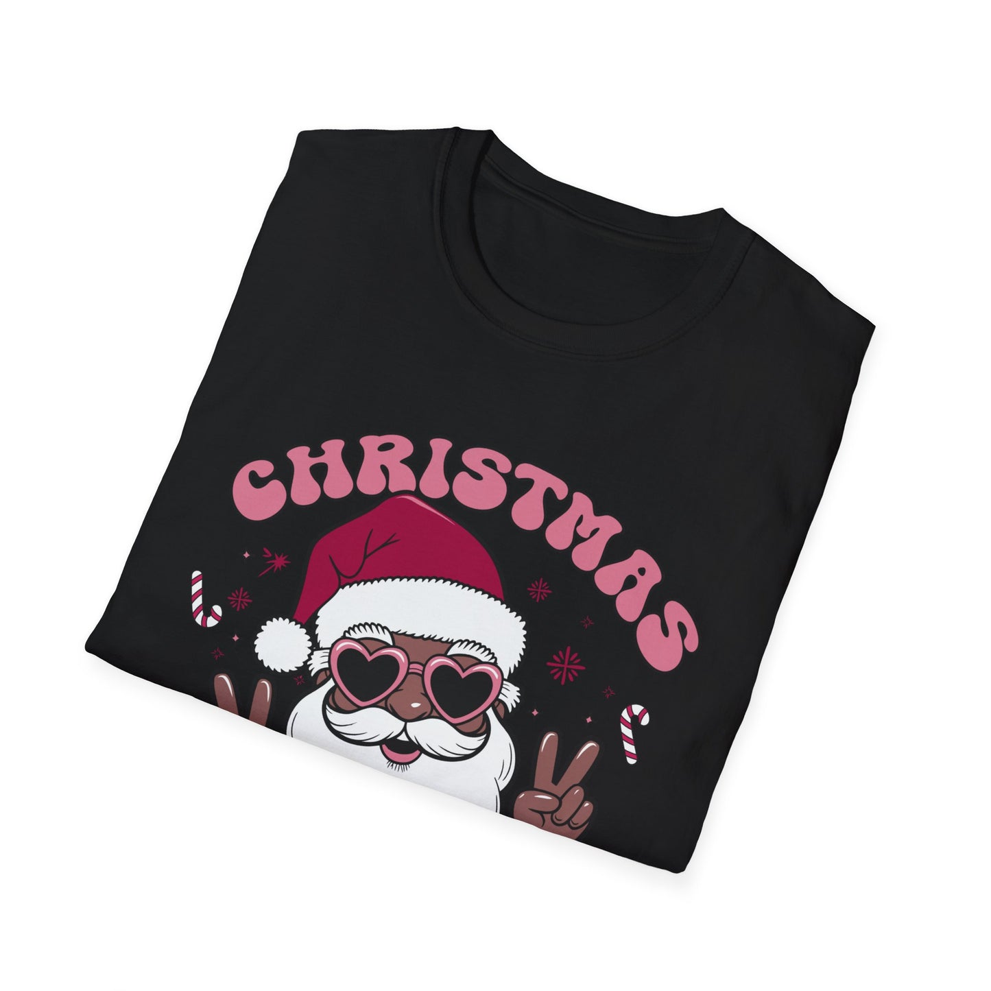"Christmas Vibes" Unisex T-Shirt — Retro Santa Sporting Cool Sunglasses And A Peace Sign. What a Groovy Holiday Tee!