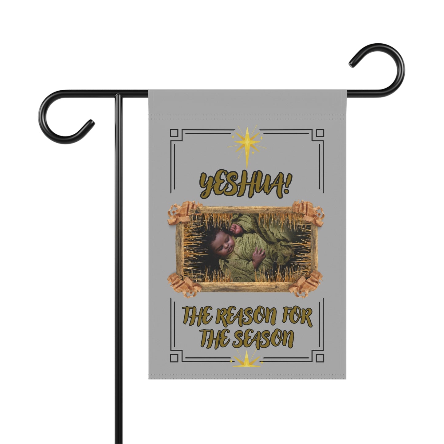 Yeshua! The Reason For The Season" Nativity Garden Flag – Nativity Themed Baby In A Wooden Manger in  Gray
