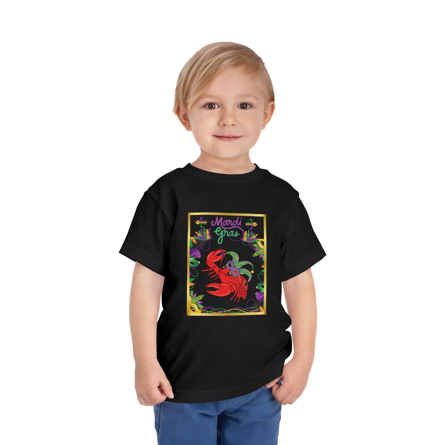 "Mardi Gras Crawfish" Toddler Short Sleeve Tee — Festive Masked Bright Red Crawfish Ready for Carnival!