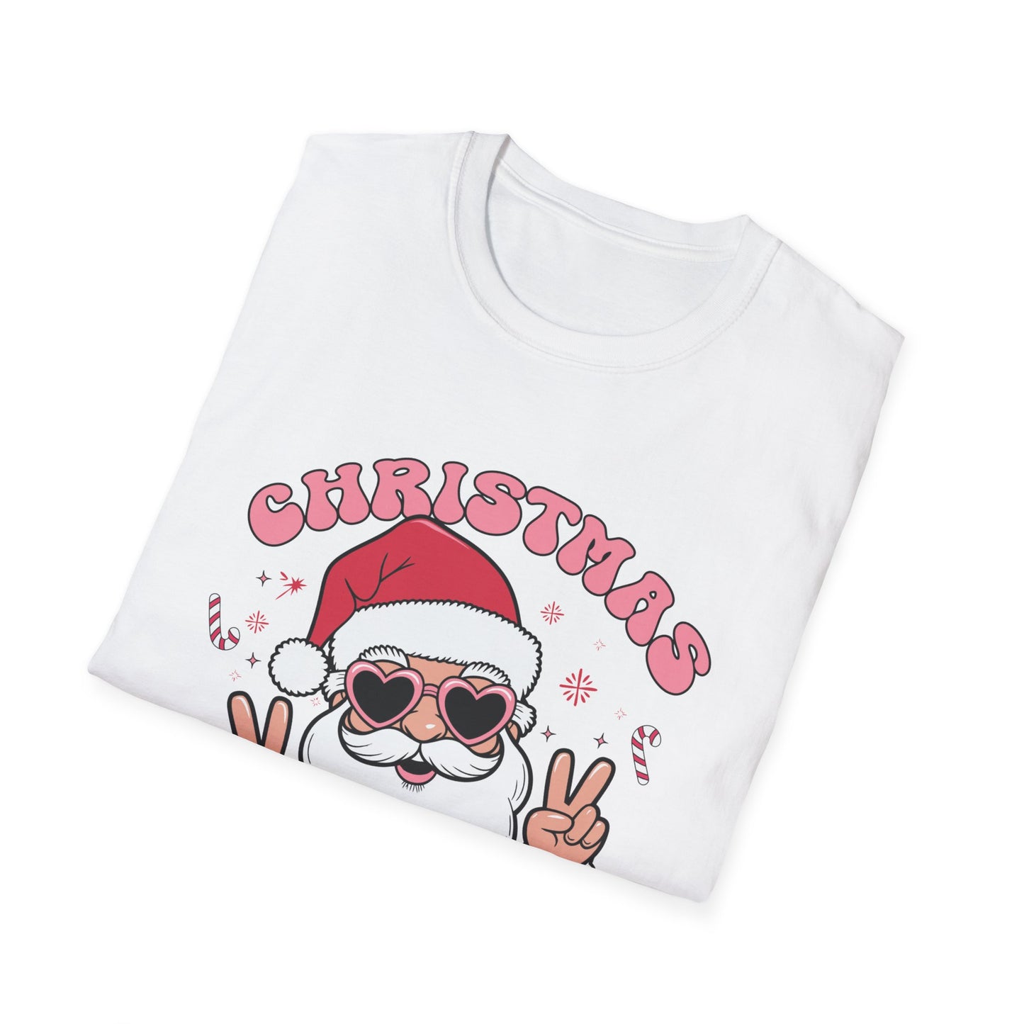 "Christmas Vibes"  Smiling Santa Holiday Unisex T-Shirt.  Cool(Tan)Santa Wearing His Shades And Sharing A "Peace Sign".