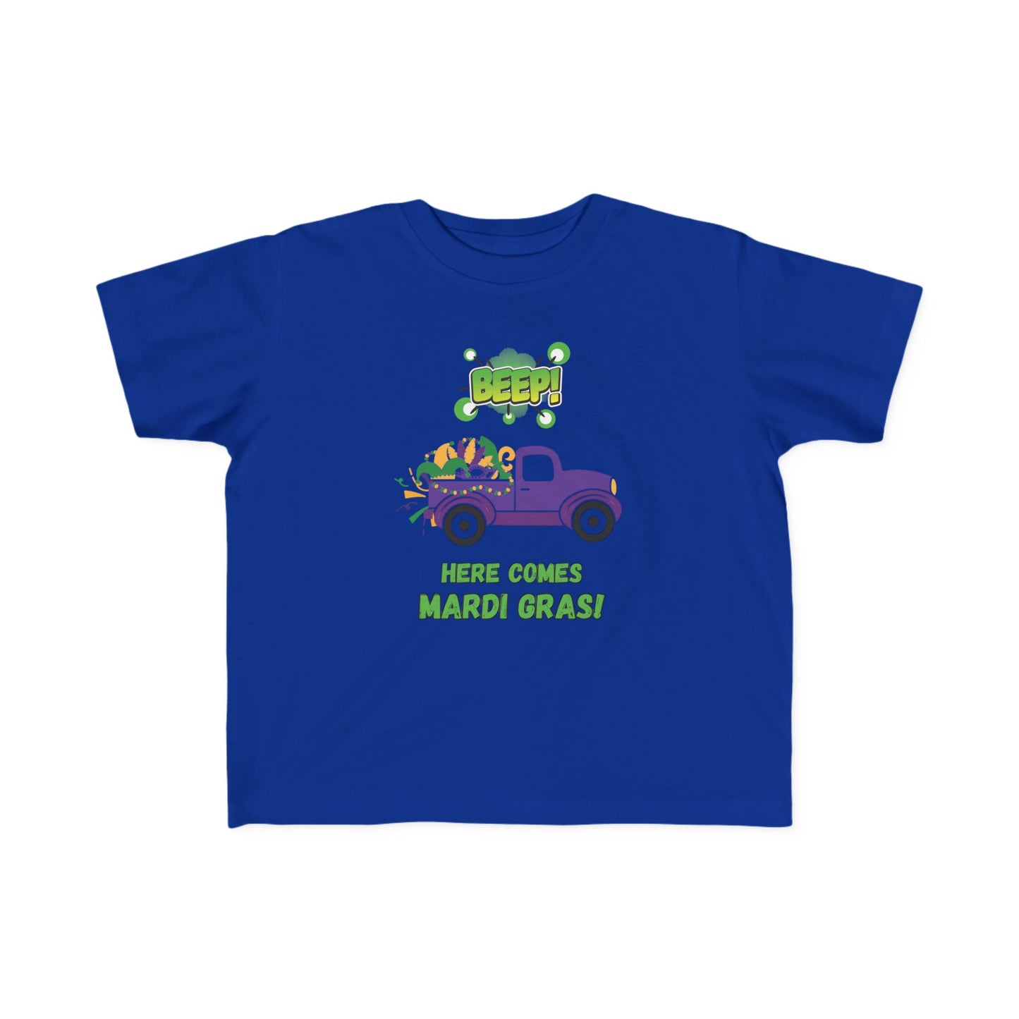 Mardi Gras Toddler Tee — "Beep! Here Comes Mardi Gras!" Purple Truck Kids Shirt