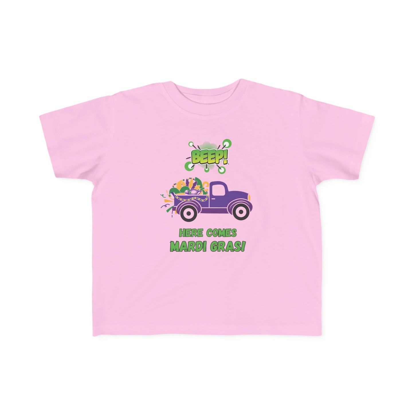 Mardi Gras Toddler Tee — "Beep! Here Comes Mardi Gras!" Purple Truck Kids Shirt