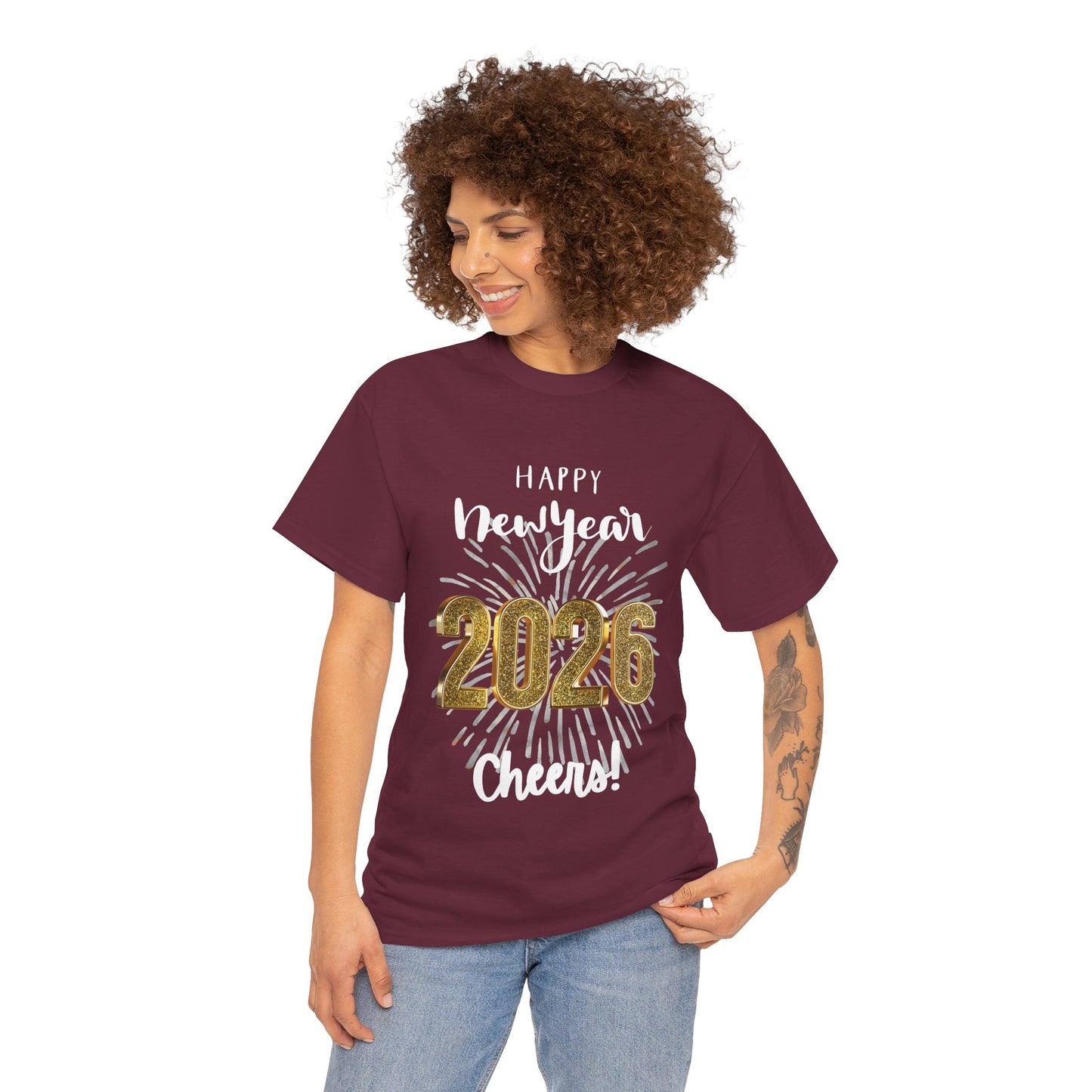 "Happy New Year -Cheers!" 2026 Unisex CottonT-Shirt — Bright Fireworks And Good Sentiment Help Usher In the New Year!