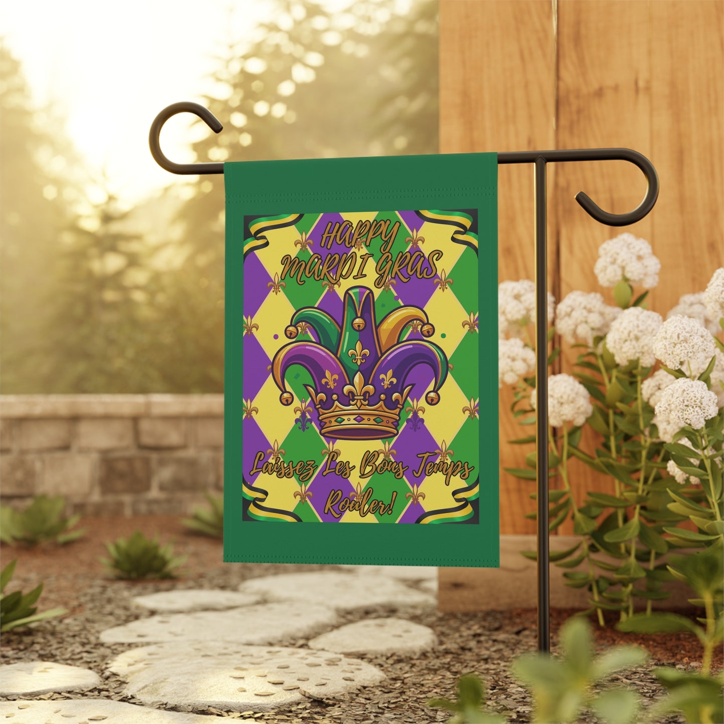 "Mardi Gras Jester Crown" Garden Flag/Banner — "Happy Mardi Gras-Laissez Les Bons Temps Rouler!" House Banner-Green