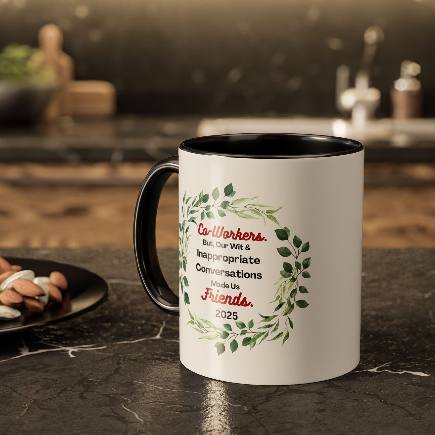 "Coworkers And Friends 2025", White Ceramic Mug with Colorful Accents,  A Great Office Gift To Commemorate 2025