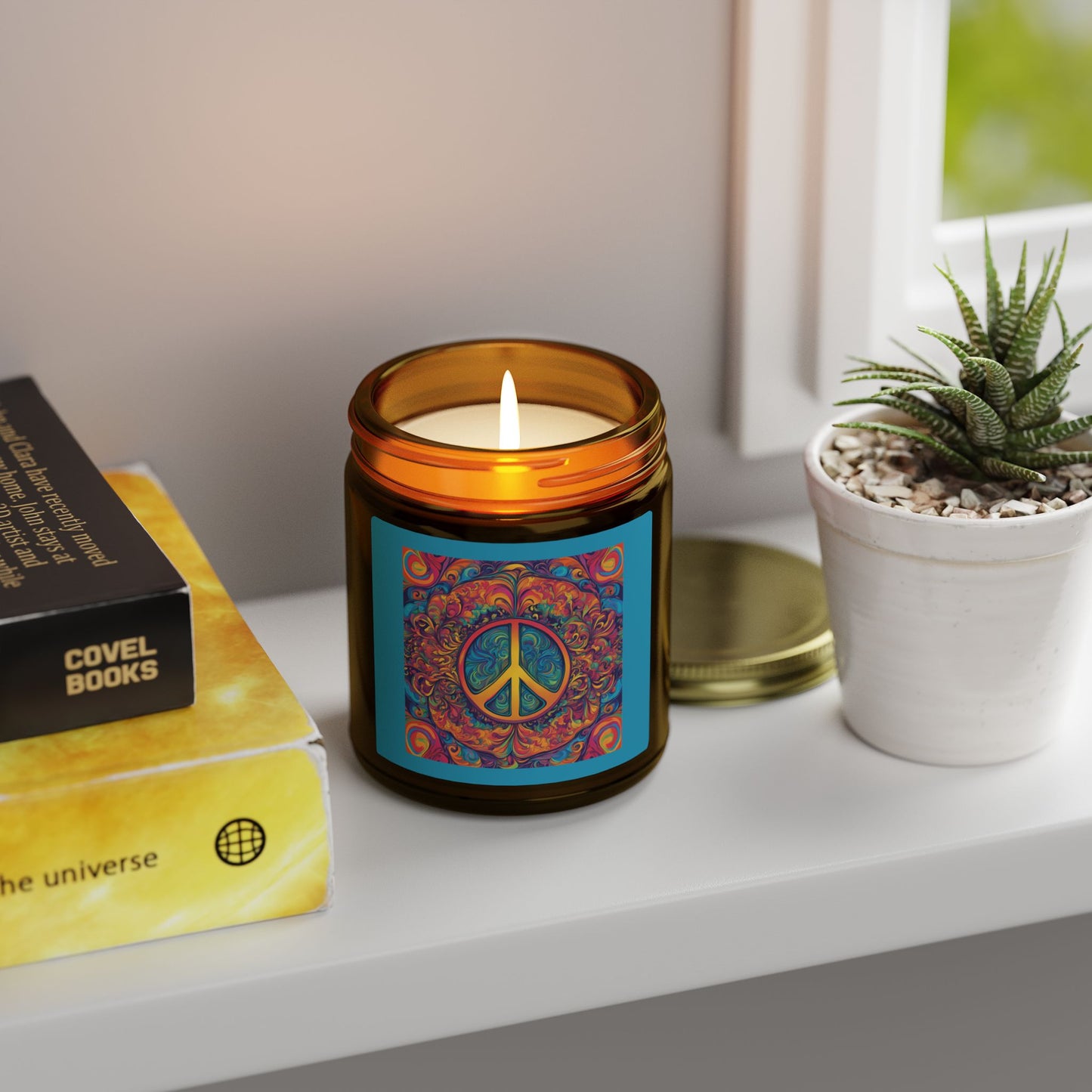 "Psychedelic Peace Sign" Amber Glass Scented Candle  with Coconut Apricot Wax (4oz & 9oz) —A Groovy Scented Candle Label, 4 Warm Scents
