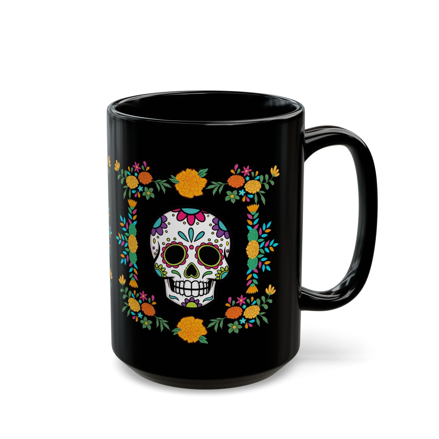 Vibrant "Sugar Skull"  Black Ceramic, 15 oz Mug. A Colorful Coffee Cup for Day of the Dead!