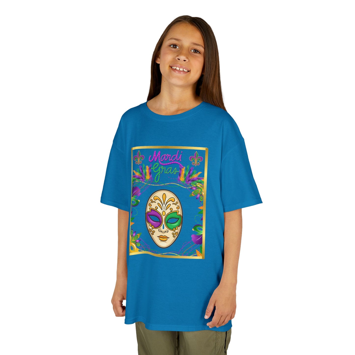 "Mardi  Gras Mask"  Youth Unisex  Boxy T-Shirt.  This Stylish & Colorful Tee Has All The Elements Needed For Carnival Cheer!