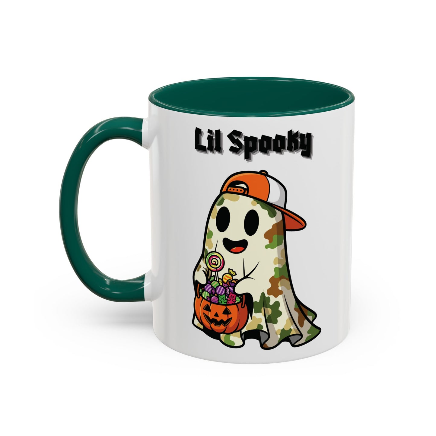 "Lil Spooky"  White Ceramic Halloween Mug With Colorful Accents — Cute Ghost Trick-or-Treat Ceramic Mug (11oz/15oz)