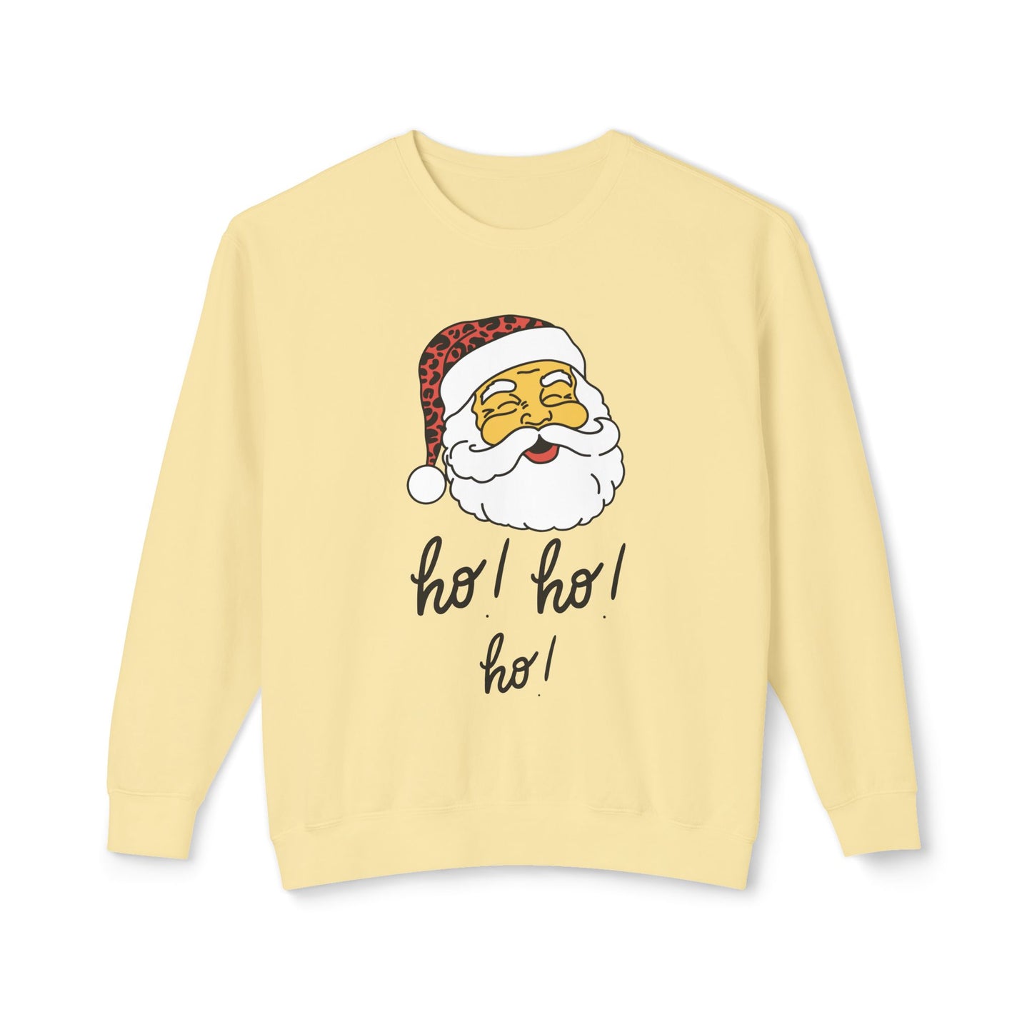 "Smiling(Tan)Santa-Ho, Ho, Ho," Unisex Lightweight Crewneck Sweatshirt, Black Text
