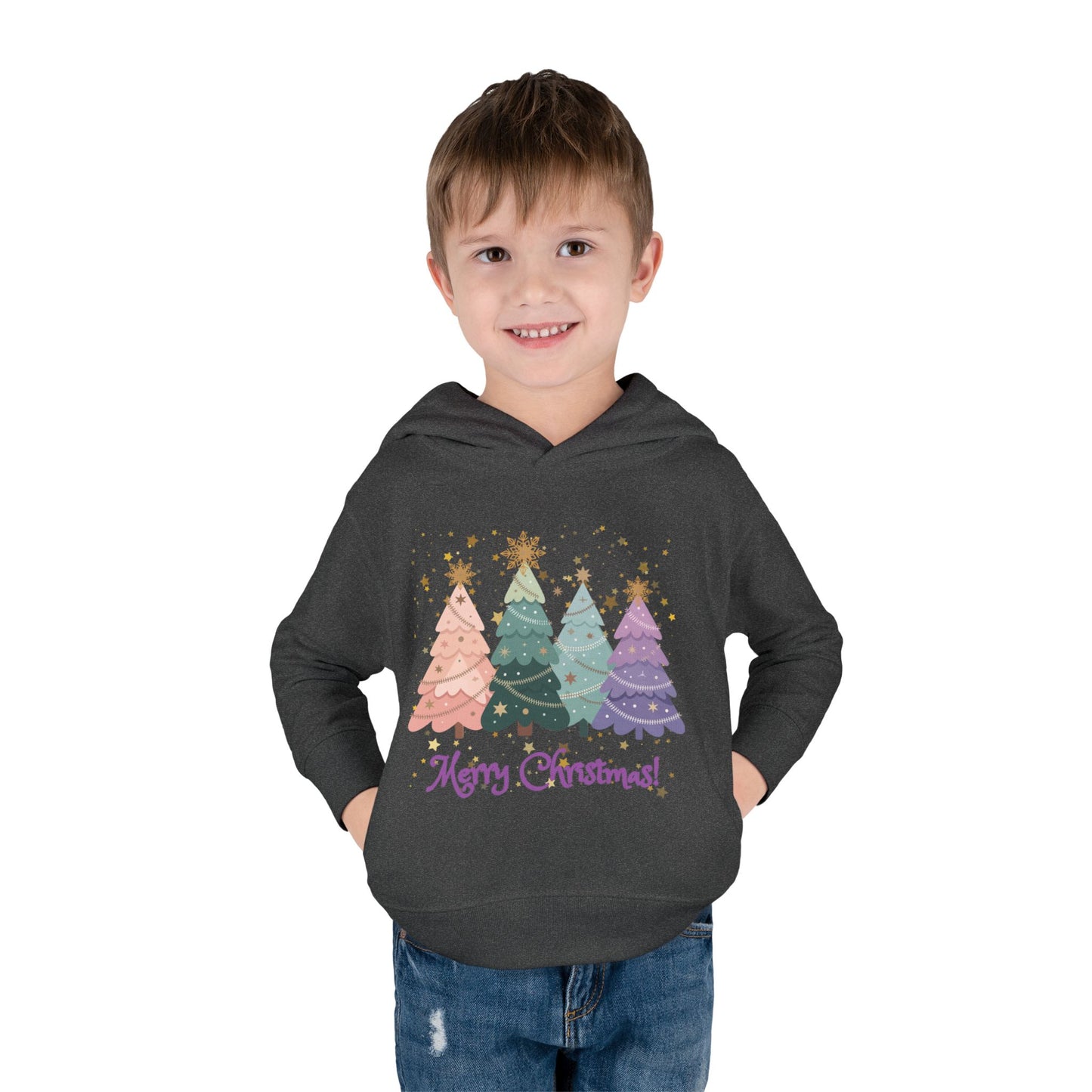 "Merry Xmas" Toddler Hoodie — Pastel Paper-Cut Christmas Trees with Gold Stars