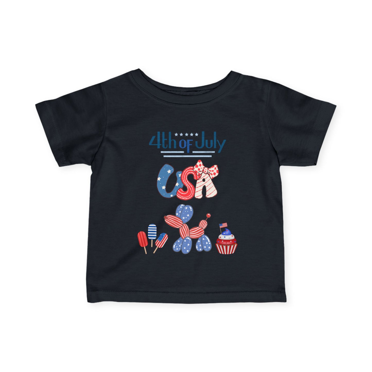 4th of July Infant Tee — USA Patriotic Baby Shirt with Flag Bow & Cupcake