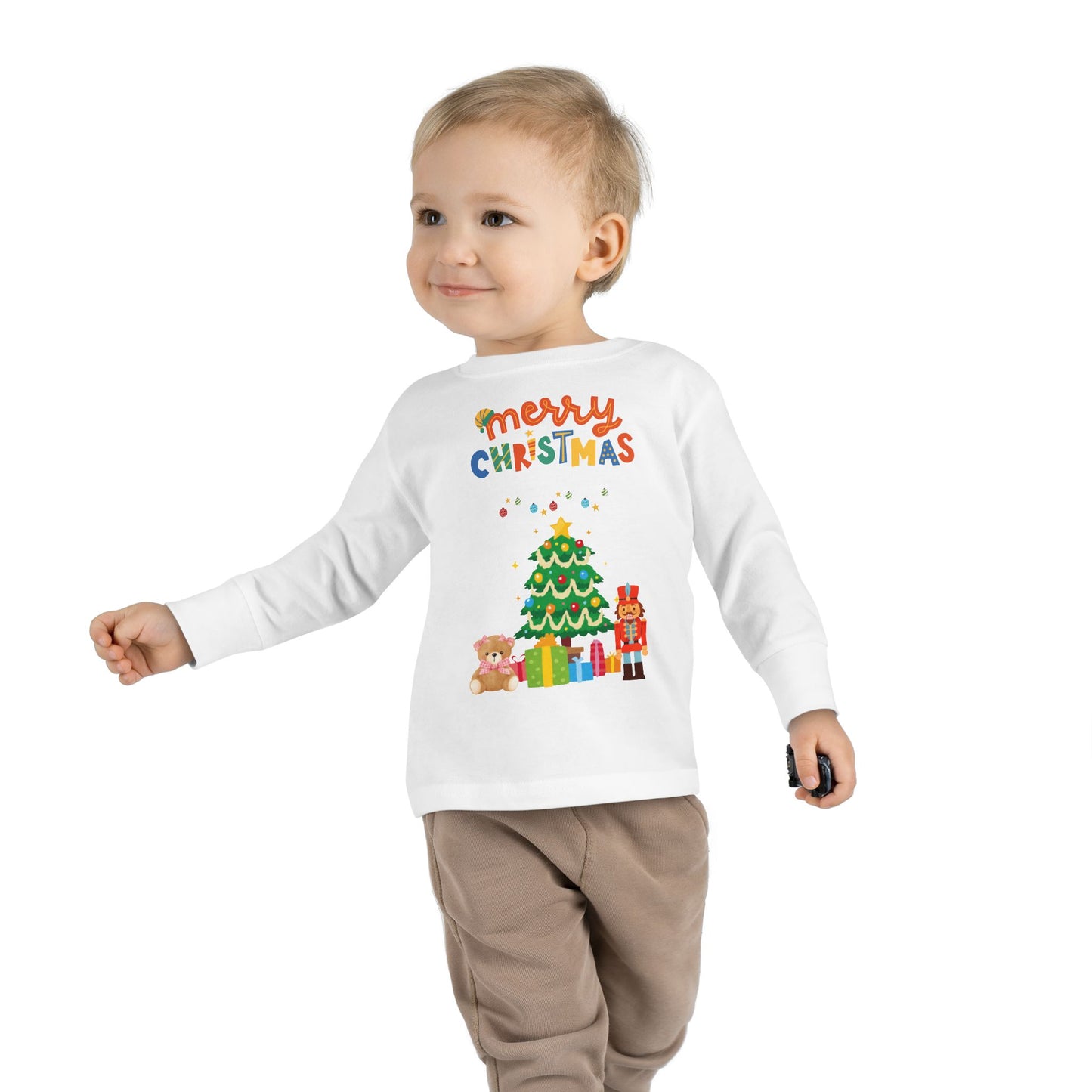 "Merry Christmas" Toddler Long Sleeve Tee – Cute Tree, Gifts & Nutcracker Holiday Shirt