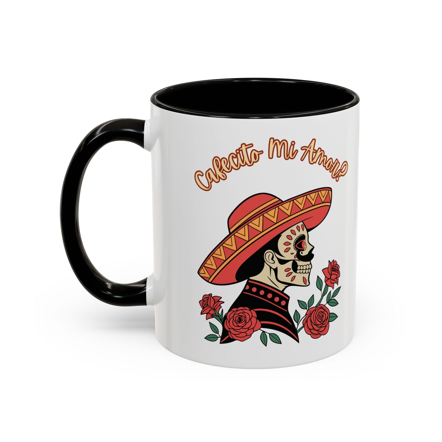 "Cafecito Mi Amor?" -El Hombre, Sugar Skull Style, White Ceramic Mugs with Colorful Accents (11oz/15oz)