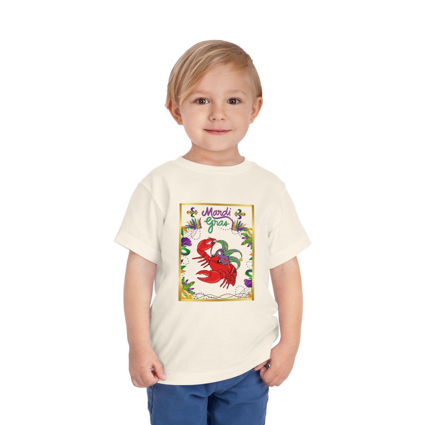 "Mardi Gras Crawfish" Toddler Short Sleeve Tee — Festive Masked Bright Red Crawfish Ready for Carnival!