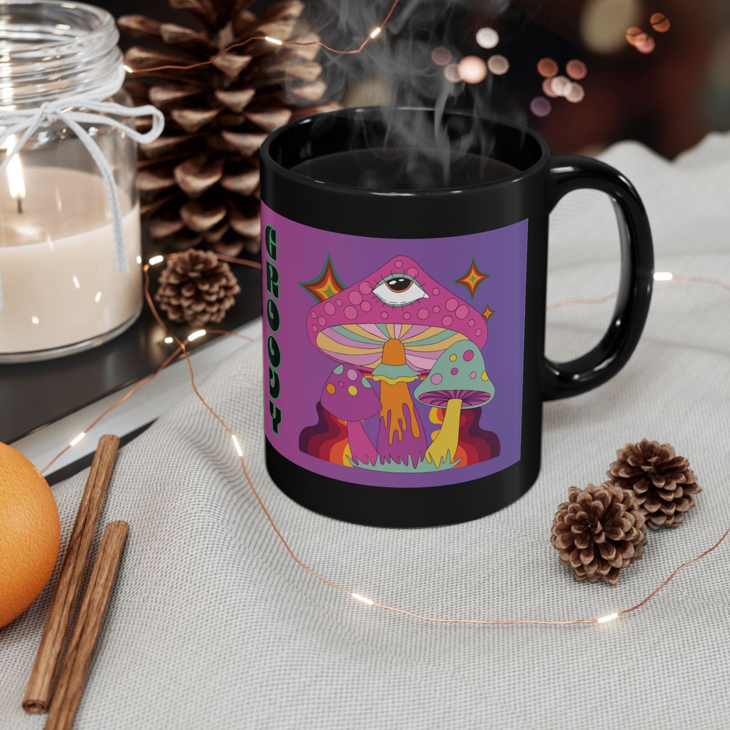"Groovy Ombre Mushroom" Mug,  Black Ceramic Coffee Mugs In 15oz & 11oz