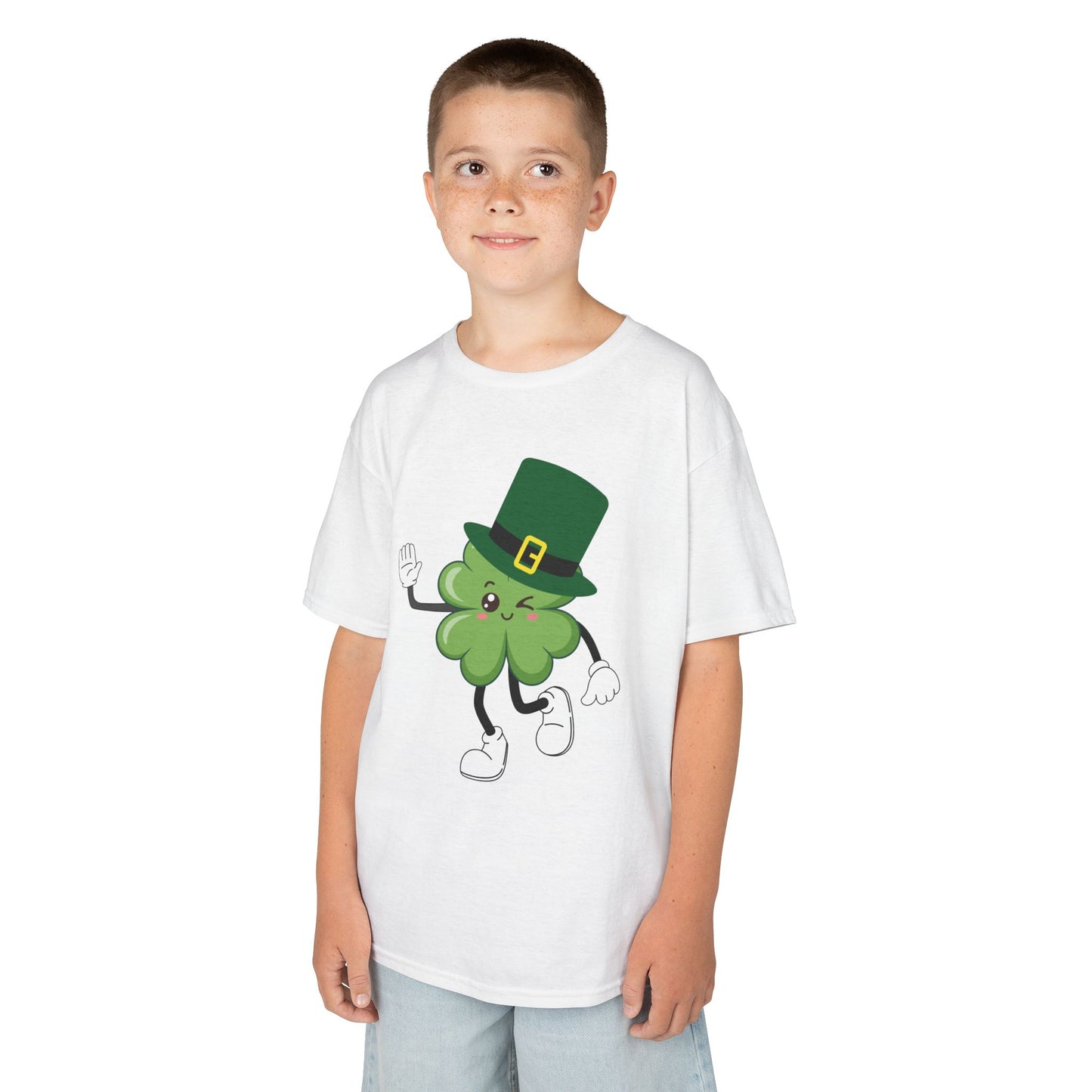 "Dancing Shamrock with Leprechaun Hat".  Kids Heavy Cotton T-Shirt. Patrick’s Day Tee