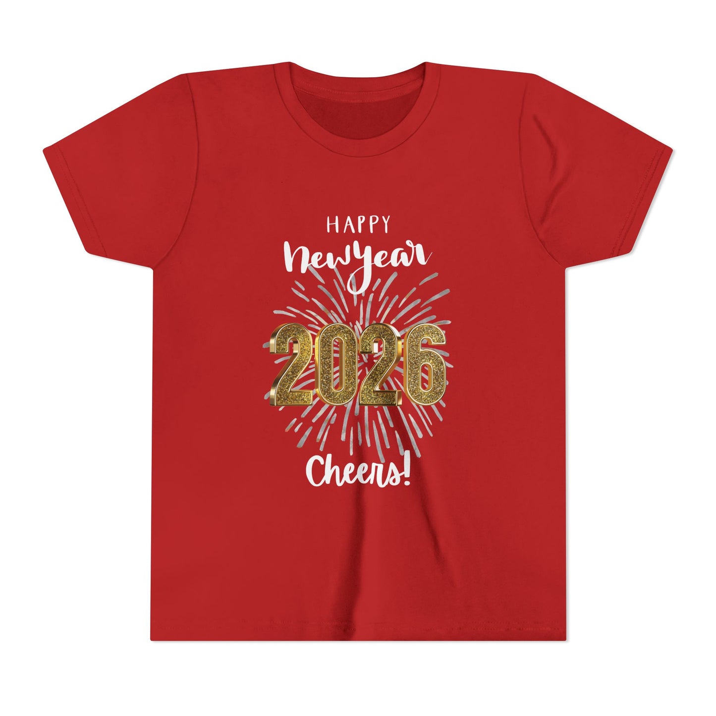 "Happy New Year 2026- Cheers!", Unisex Youth Tee.  Sparkling  Fireworks Make This Tee The One to Wear On That Special Day!