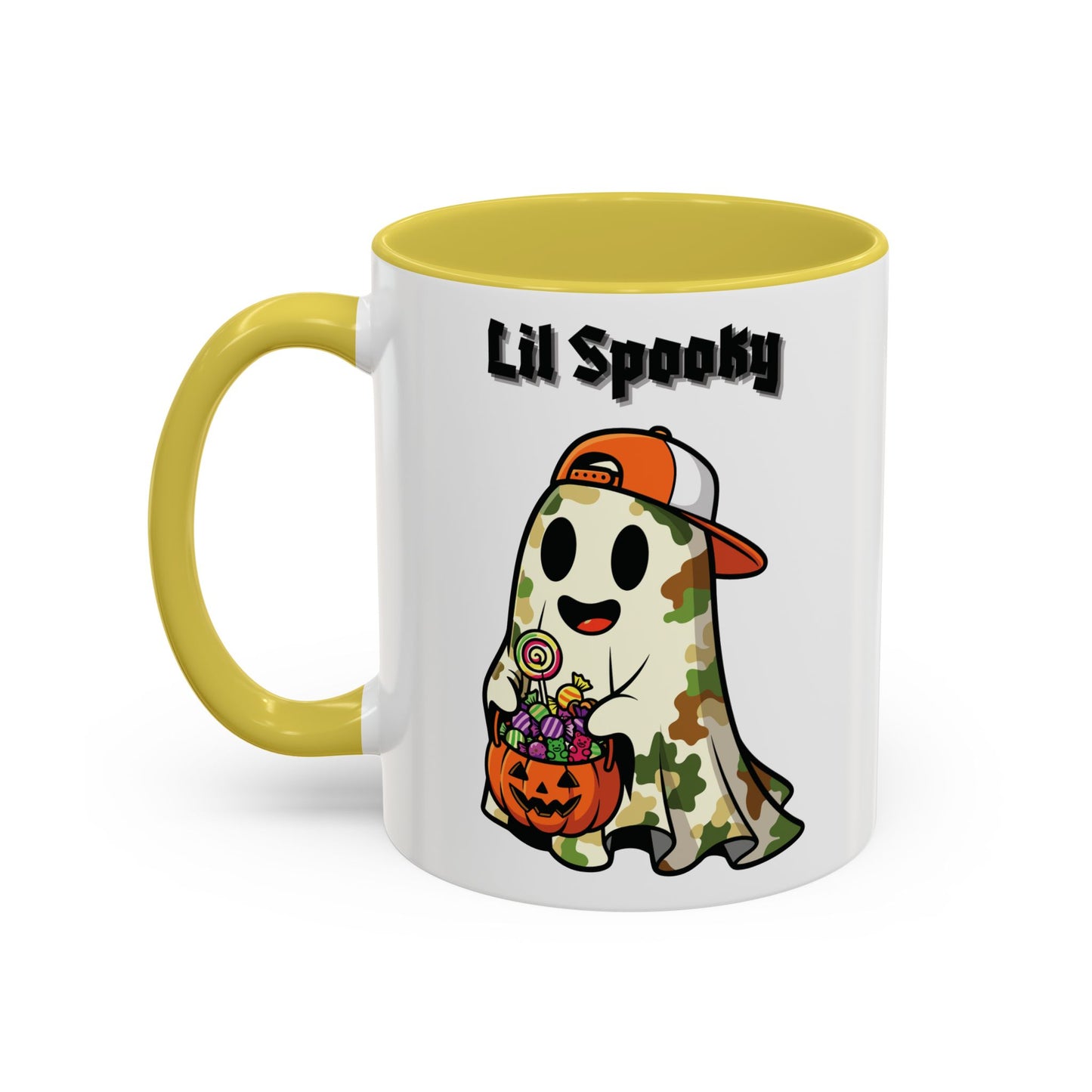 "Lil Spooky"  White Ceramic Halloween Mug With Colorful Accents — Cute Ghost Trick-or-Treat Ceramic Mug (11oz/15oz)