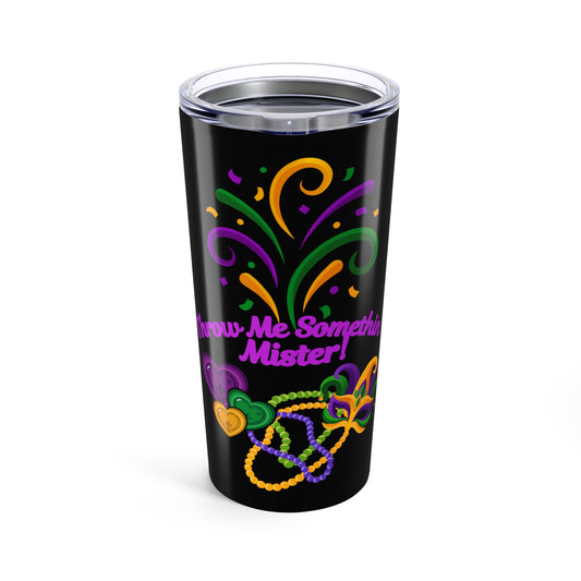 Mardi Gras 20oz Tumbler - "Throw Me Something Mister" Beads & Mask Travel Cup-Black